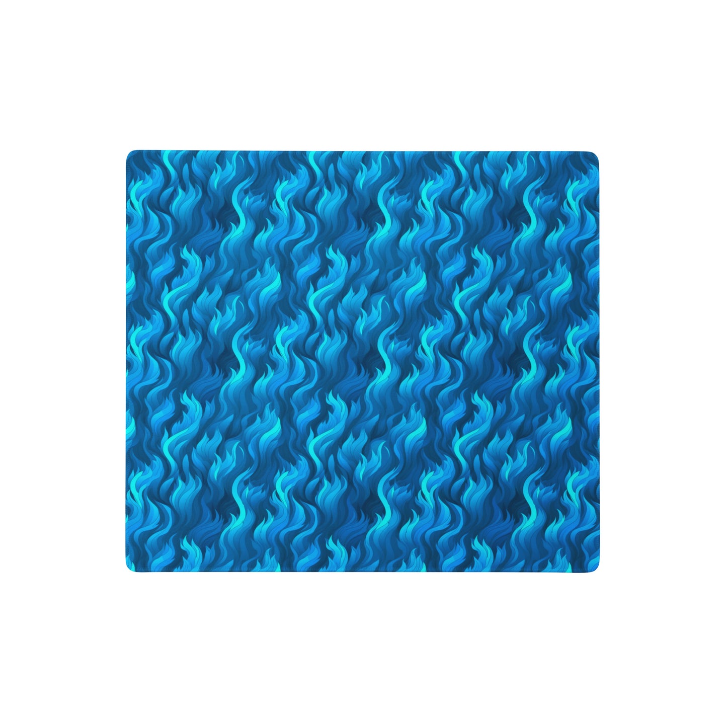 A 18" x 16" desk pad with a wavy flame pattern on it. Blue in color.