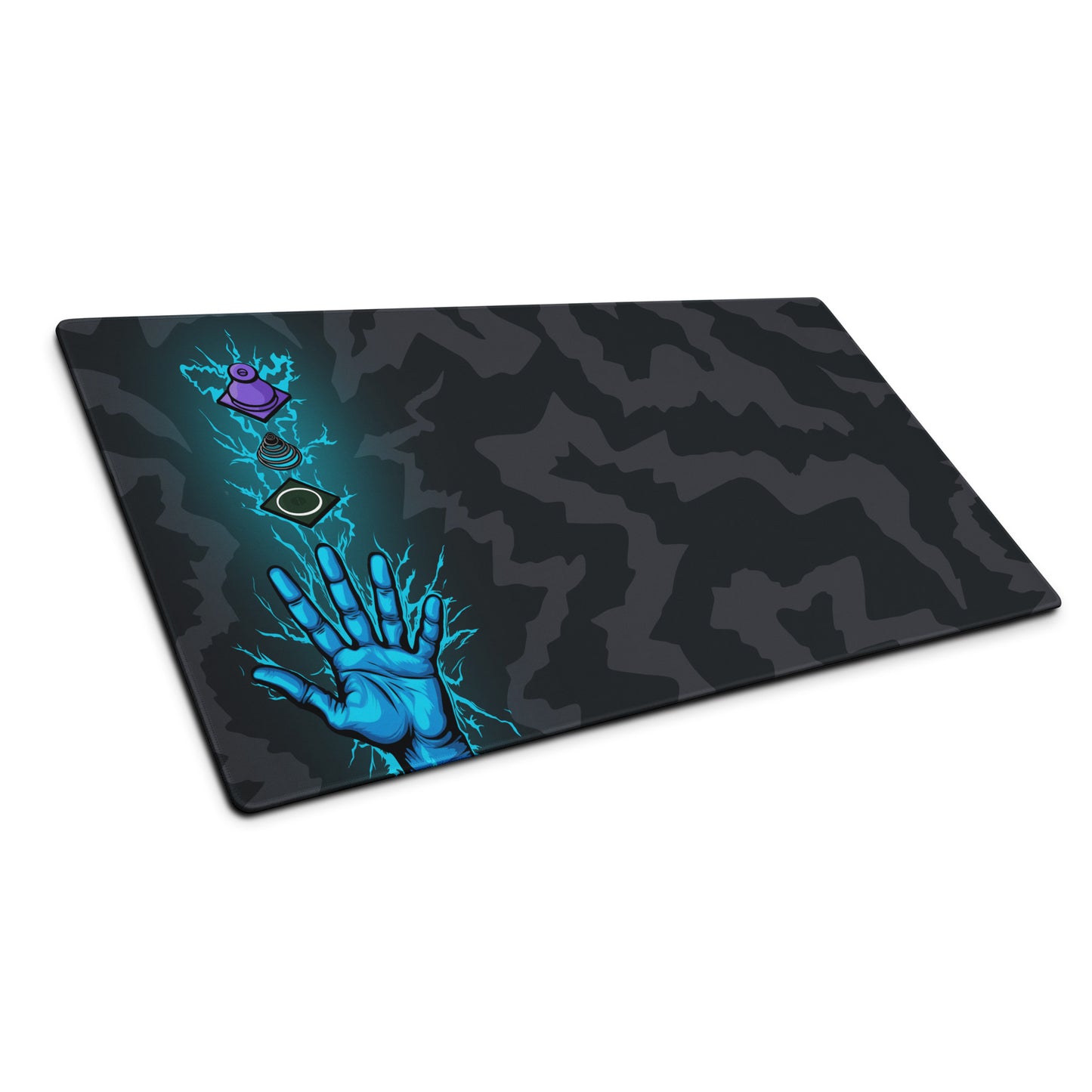 A 36" x 18" desk pad with a hand touching a deconstructed Topre switch surrounded by electricity shown at an angle. Black and Charcoal in color.