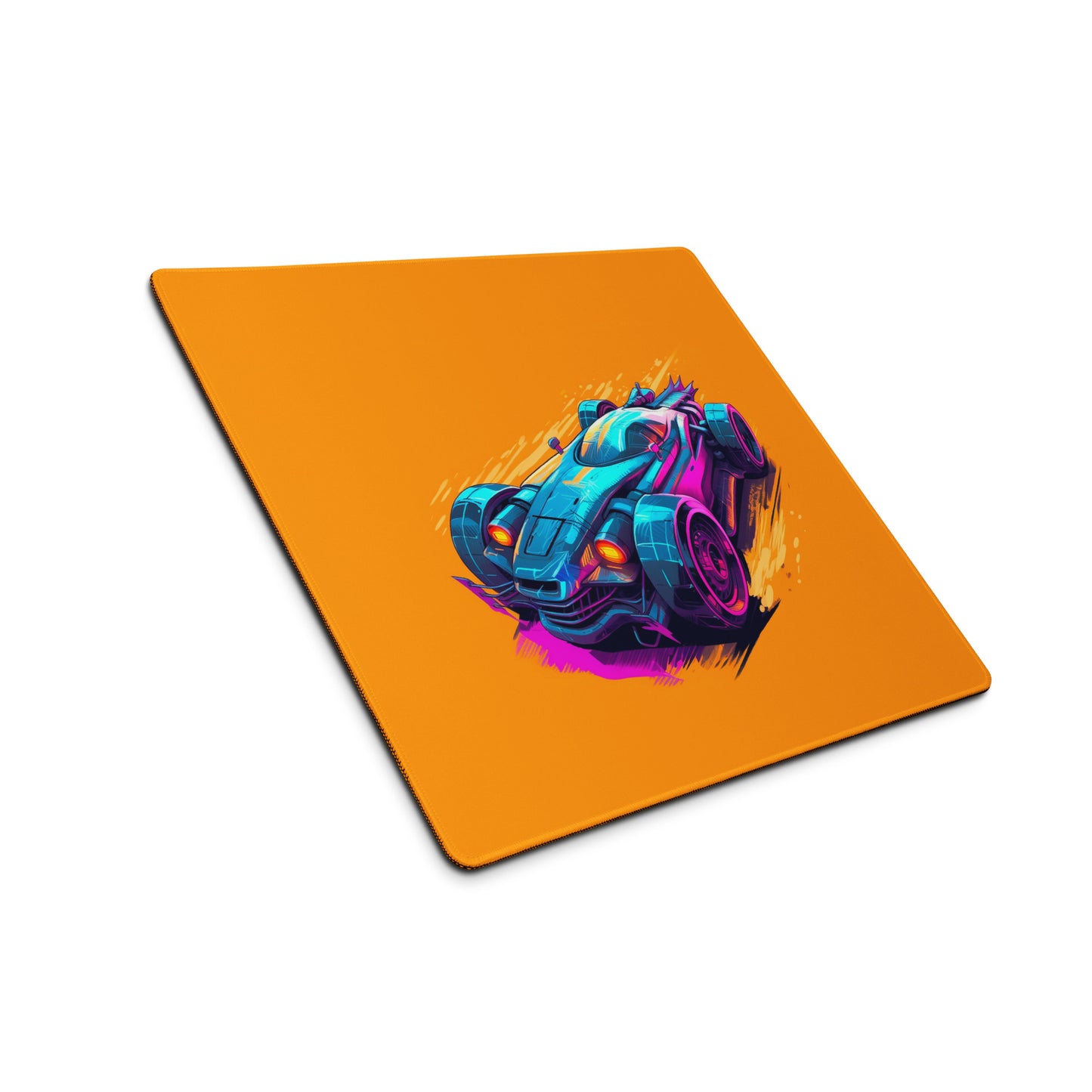 An 18" x 16" mouse pad with a futuristic race car displayed at an angle. Orange in color