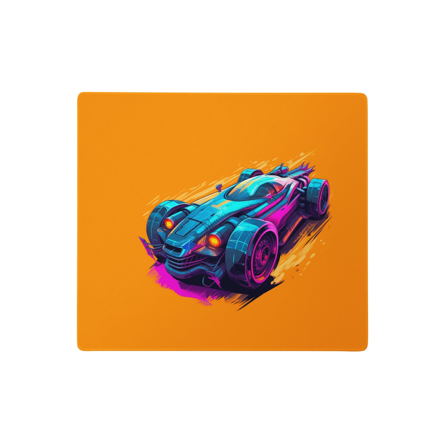 A 18" x 16" desk pad with a futuristic race car pictured on the right. Orange in color.
