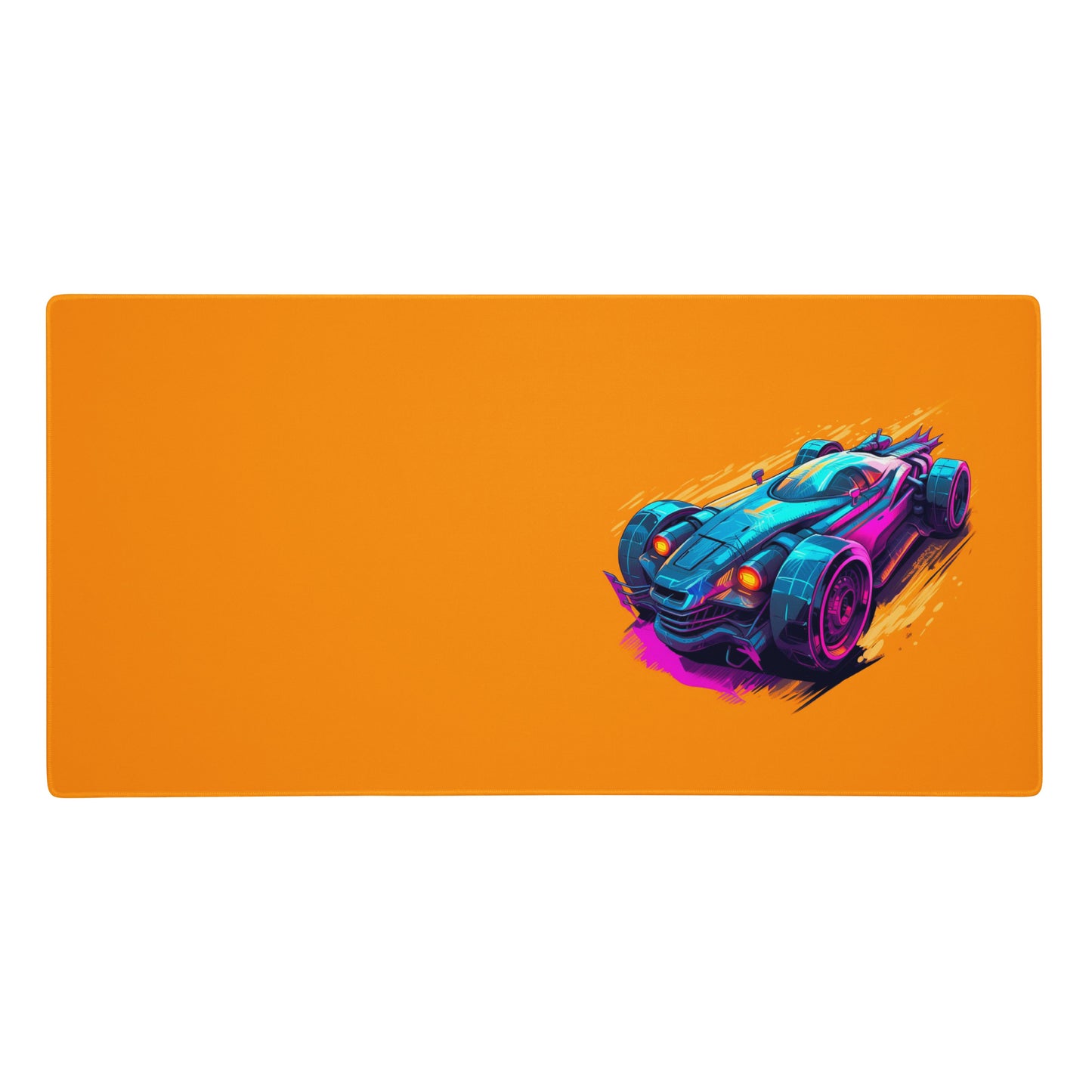 A 36" x 18" desk pad with a futuristic race car pictured on the right. Orange in color.