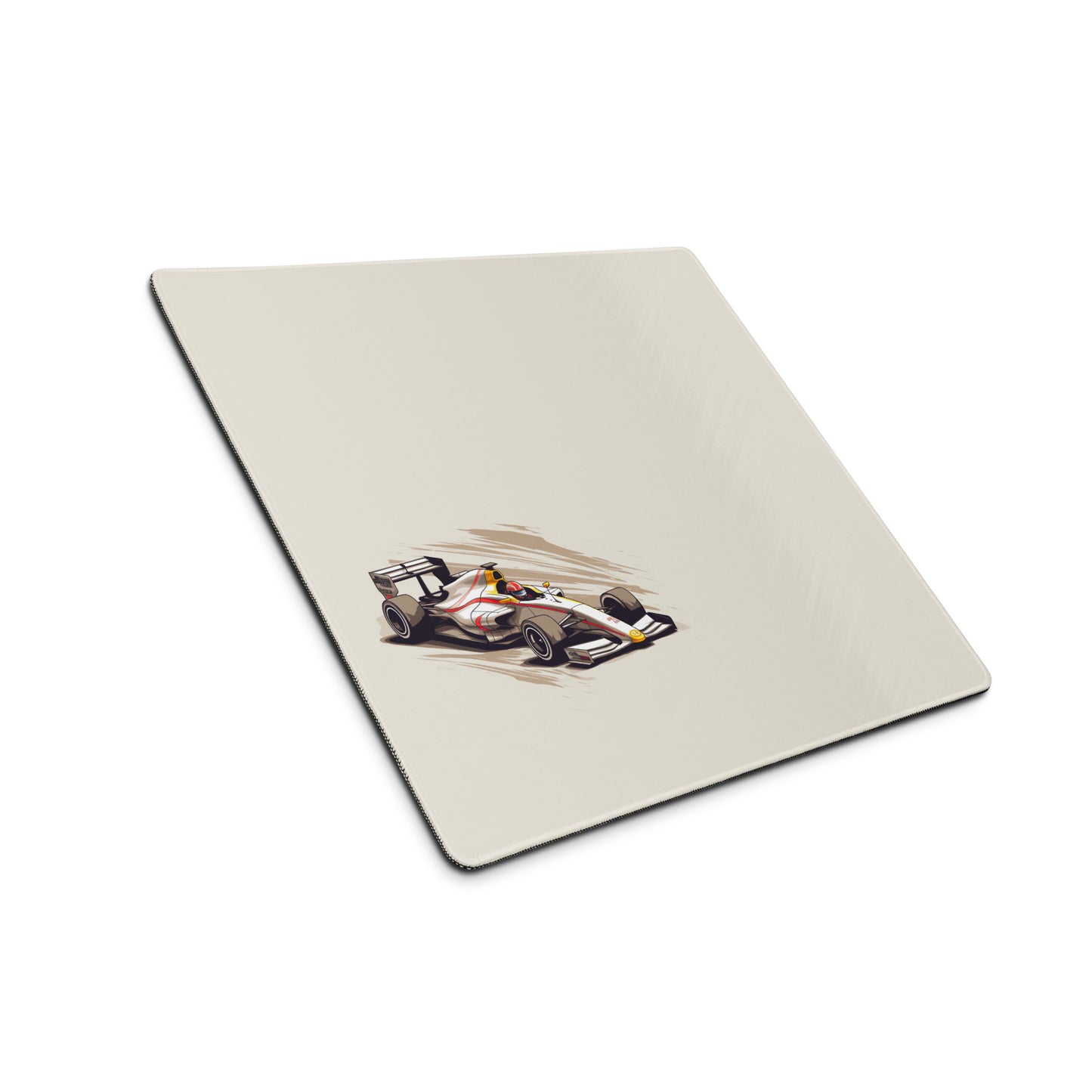 An 18" x 16" mouse pad with a fast formula one car on the left side at an angle. Beige in color.