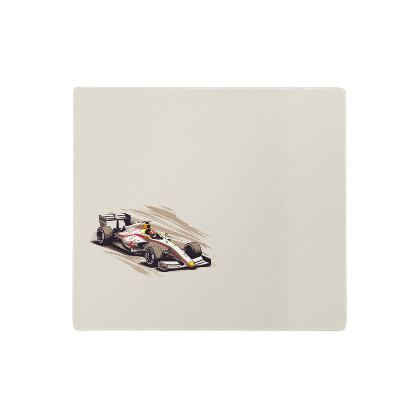 An 18" x 16" mouse pad with a fast formula one car on the left side. Beige in color.