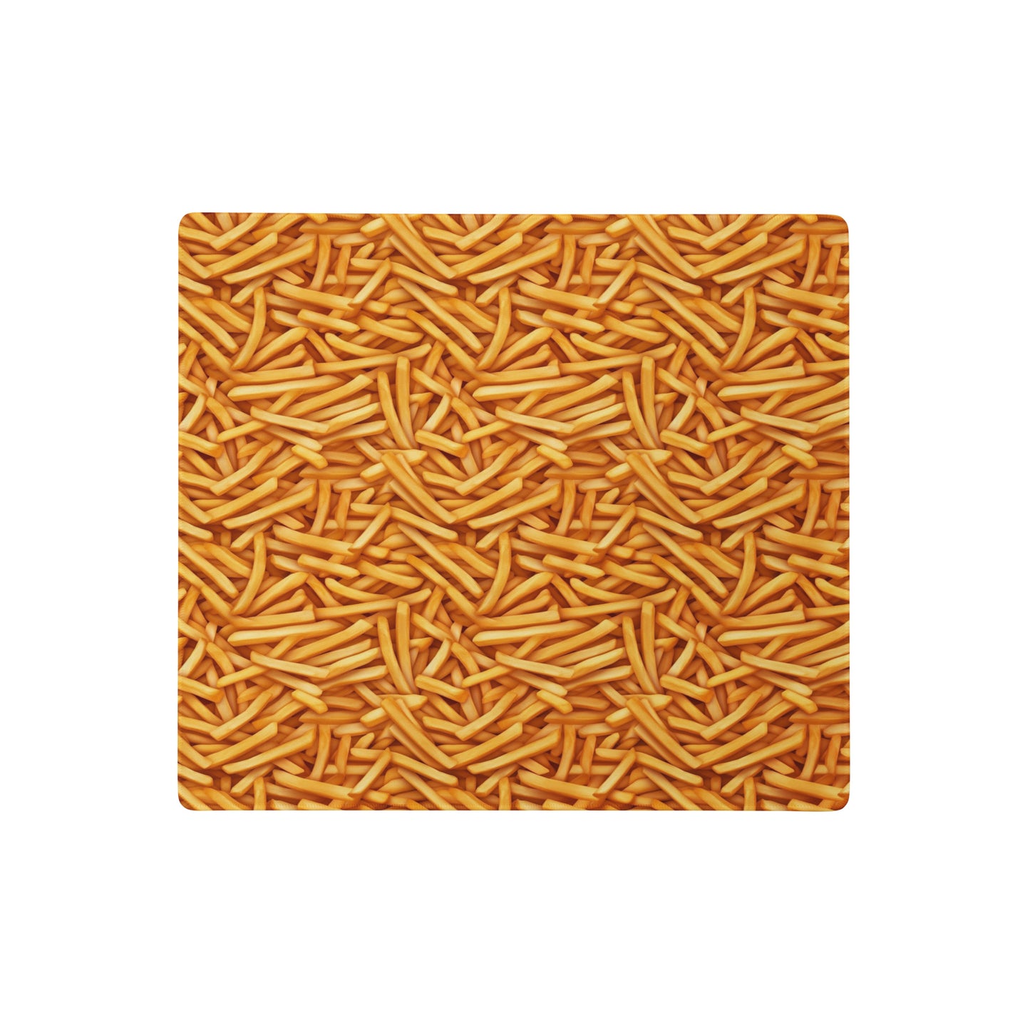 An 18" x 16" desk pad with a bunch of french fries all over it. Yellow in color.