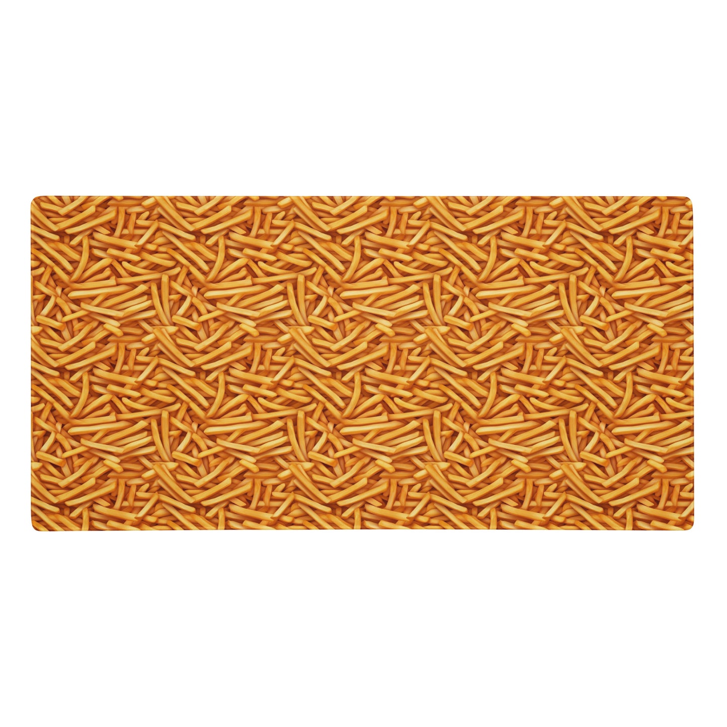 A 36" x 18" desk pad with a bunch of french fries all over it. Yellow in color.