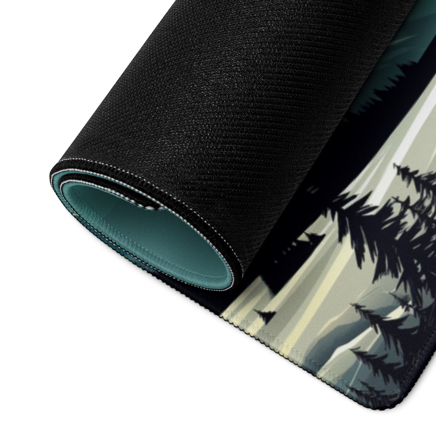 A 36" x 18" gaming desk pad with a futuristic GT car racing through the mountains rolled up. Blue and Grey in color.