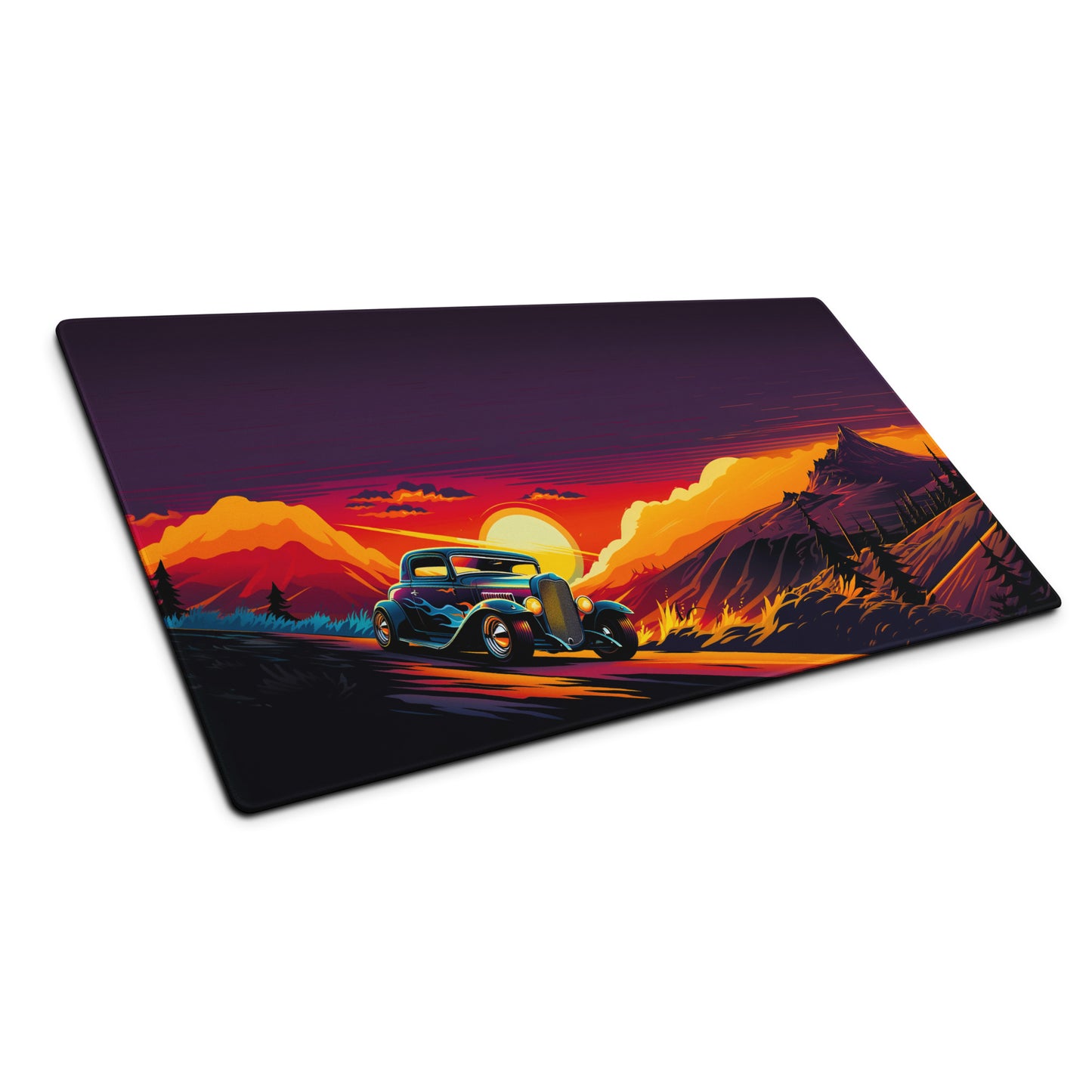 A 36" x 18" gaming desk pad with an old hot rod racing down a road with mountains in the background shown at an angle. Purple and Orange in color.