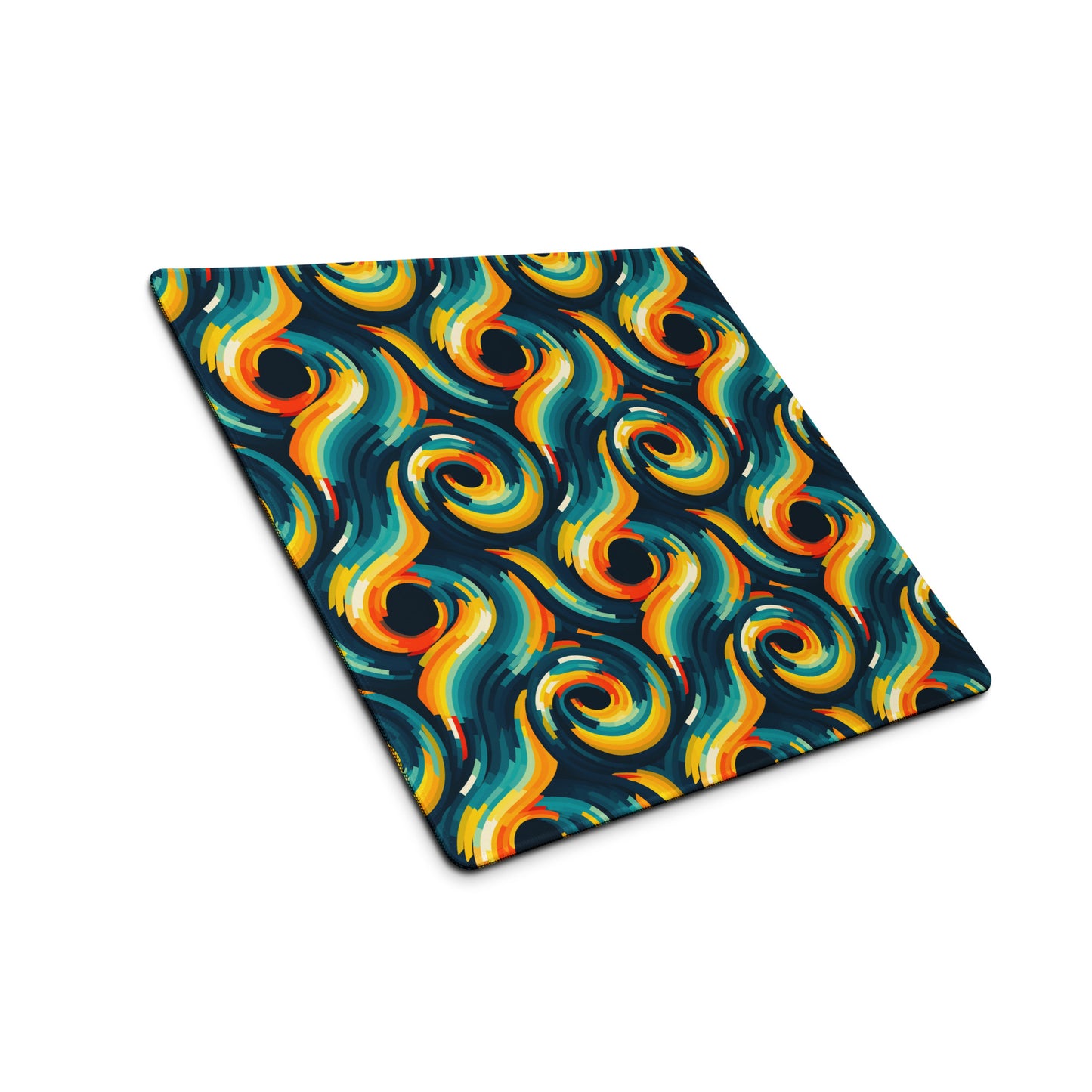 A 18" x 16" desk pad with swirls all over it shown at an angle. Yellow and Blue in color.