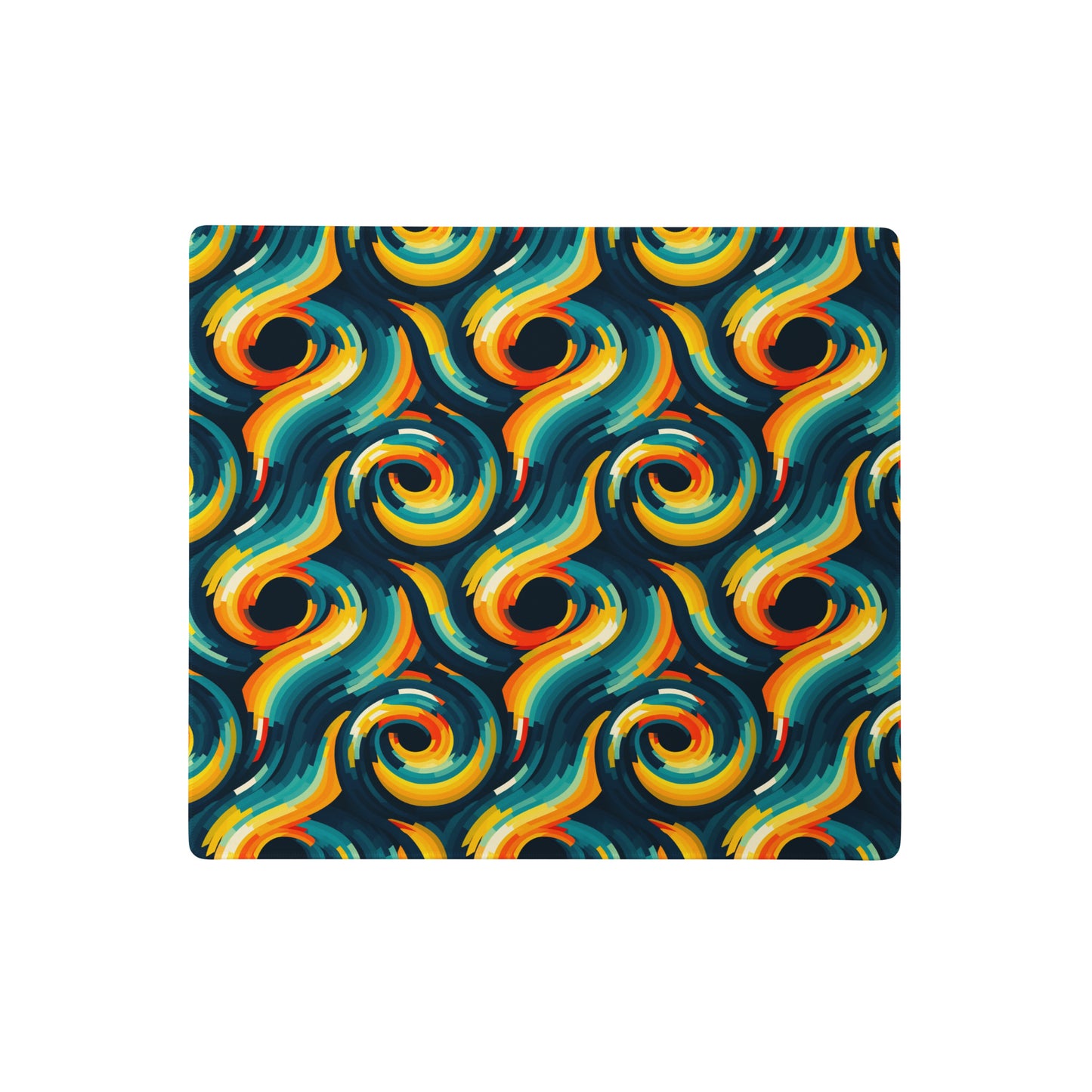 An 18" x 16" desk pad with swirls all over it. Yellow and Blue in color.