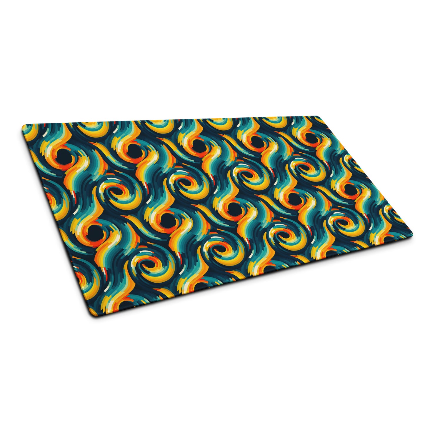 A 36" x 18" desk pad with swirls all over it shown at an angle. Yellow and Blue in color.