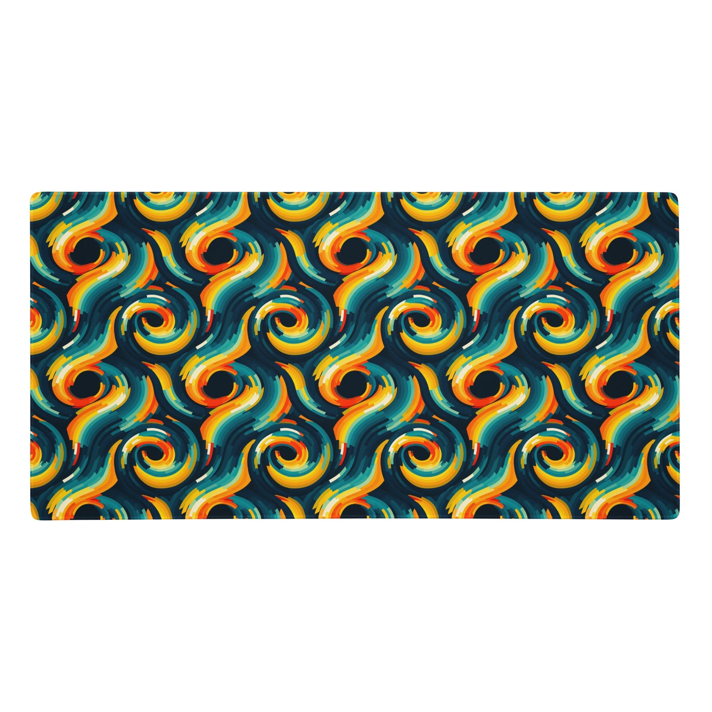 A 36" x 18" desk pad with swirls all over it. Yellow and Blue in color.