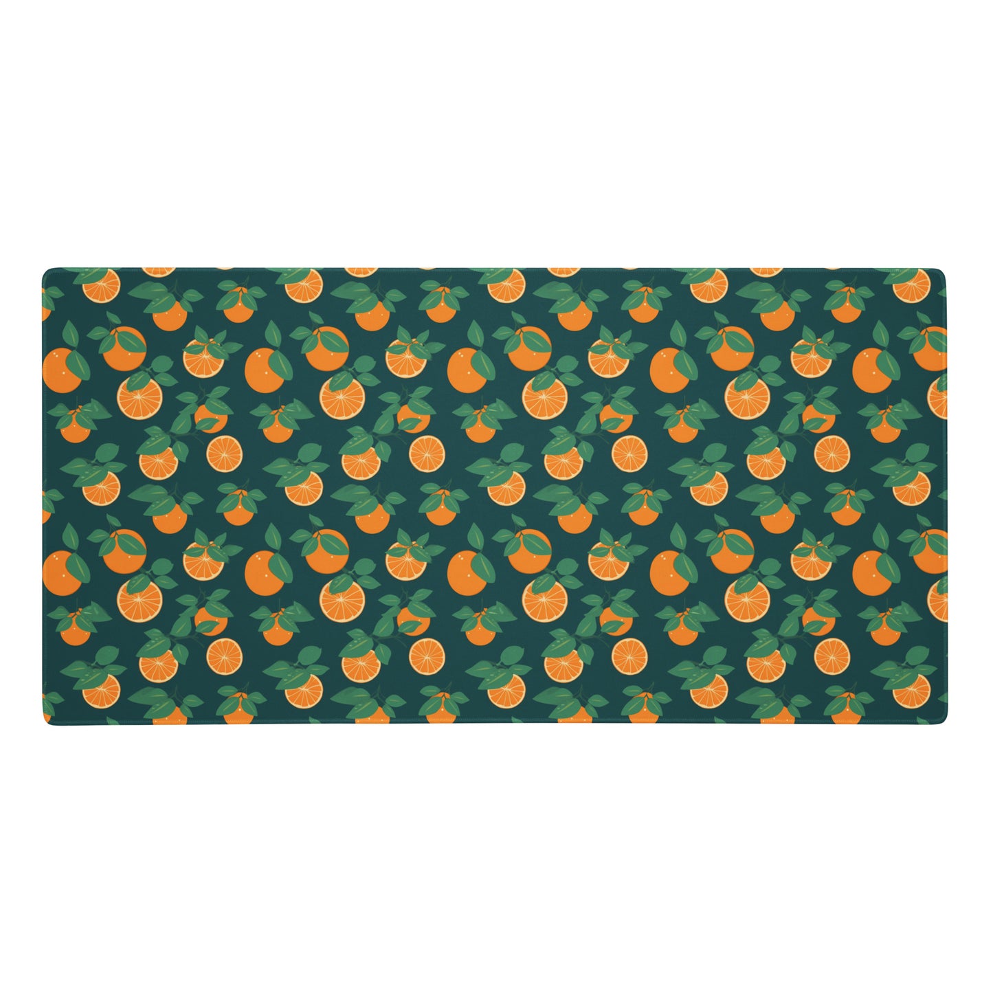 A 36" x 18" desk pad with oranges all over it. Orange and Blue in color.