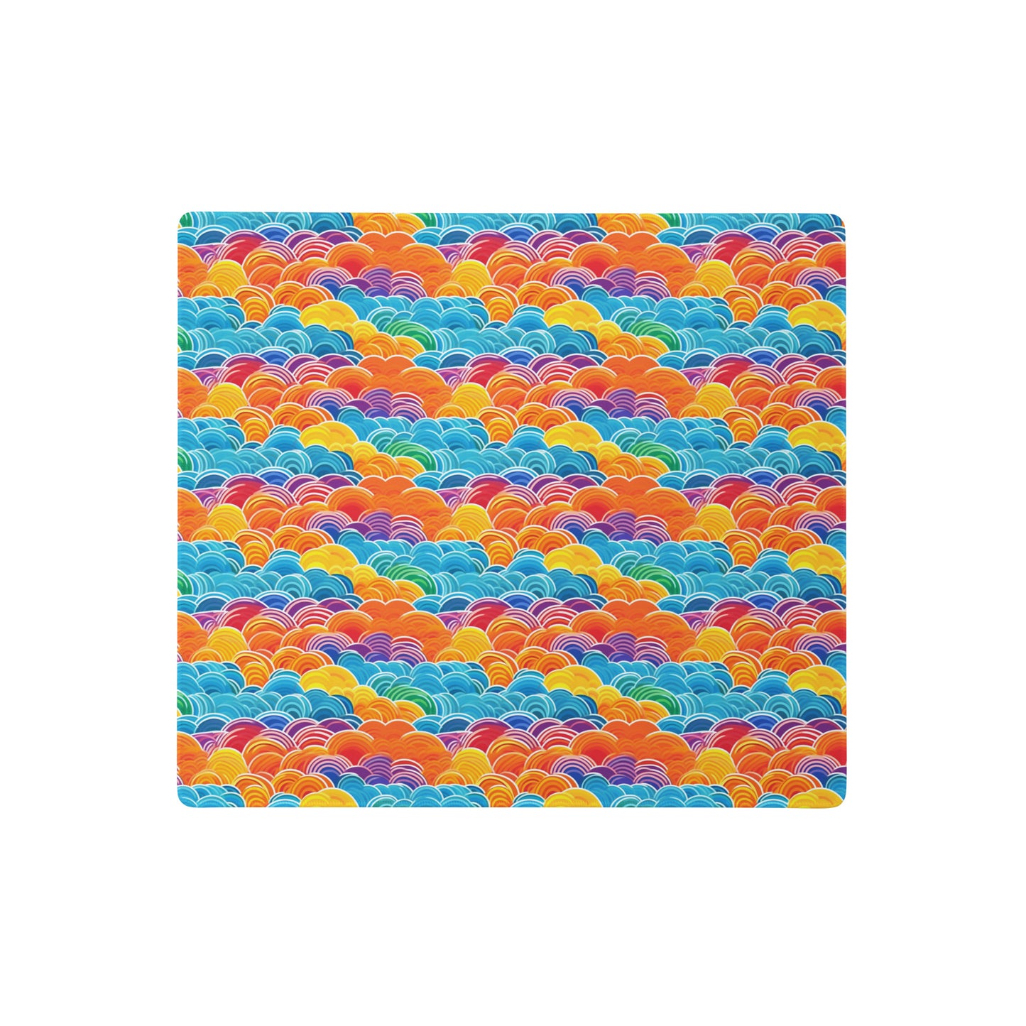 A 18" x 16" desk pad with bubbly swirly clouds all over it. Rainbow colored.