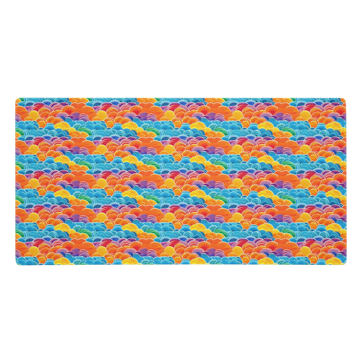 A 36" x 18" desk pad with bubbly swirly clouds all over it. Rainbow colored.