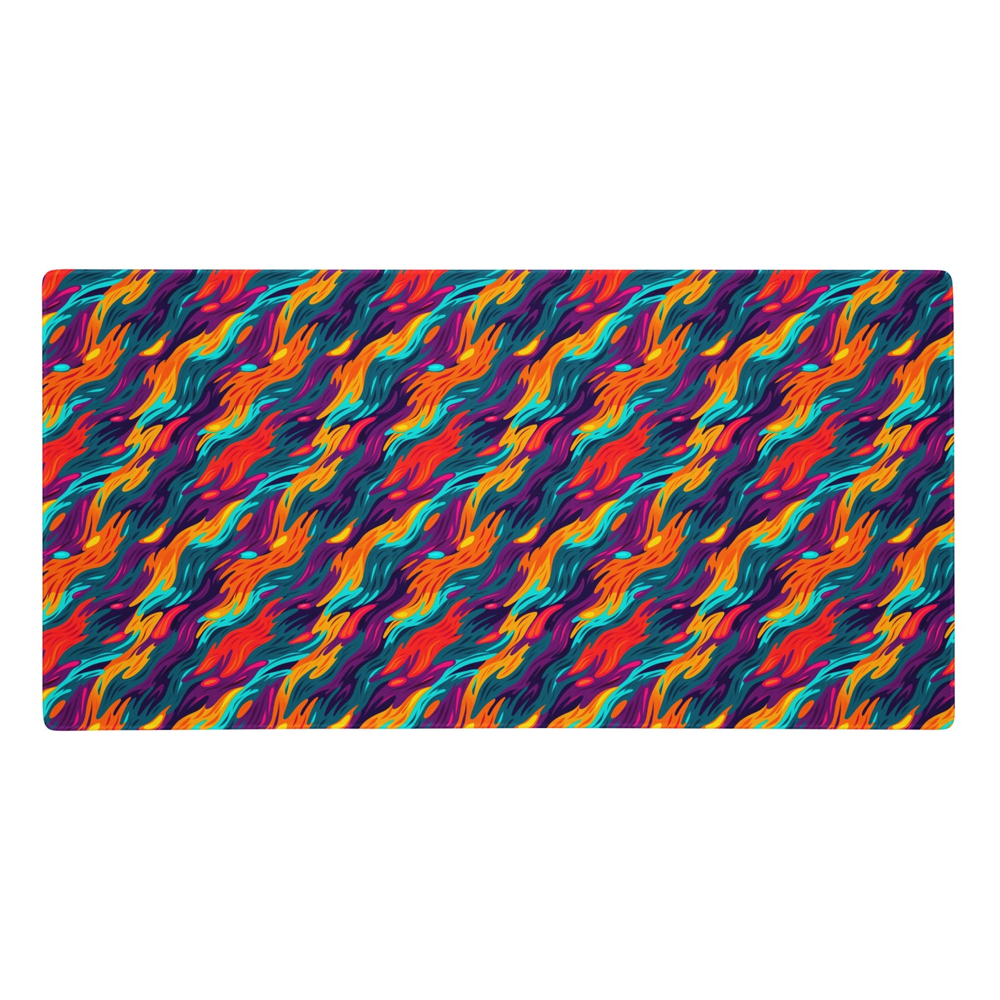 A 36" x 18" desk pad with a wavy flame pattern on it. Rainbow in color.