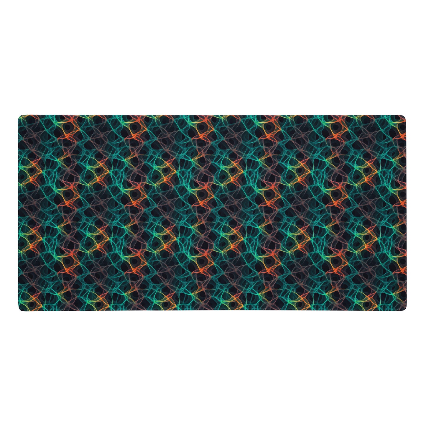 A 36" x 18" desk pad with an abstract pattern resembling a cell structure on it. Rainbow in color.