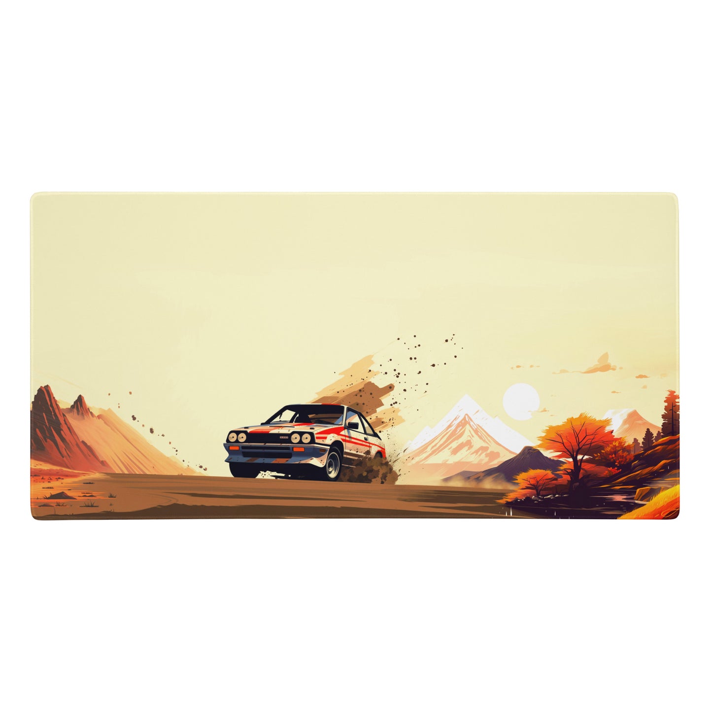A 36" x 18" gaming desk pad with a Rally car racing through the desert. Brown and Beige in Color.