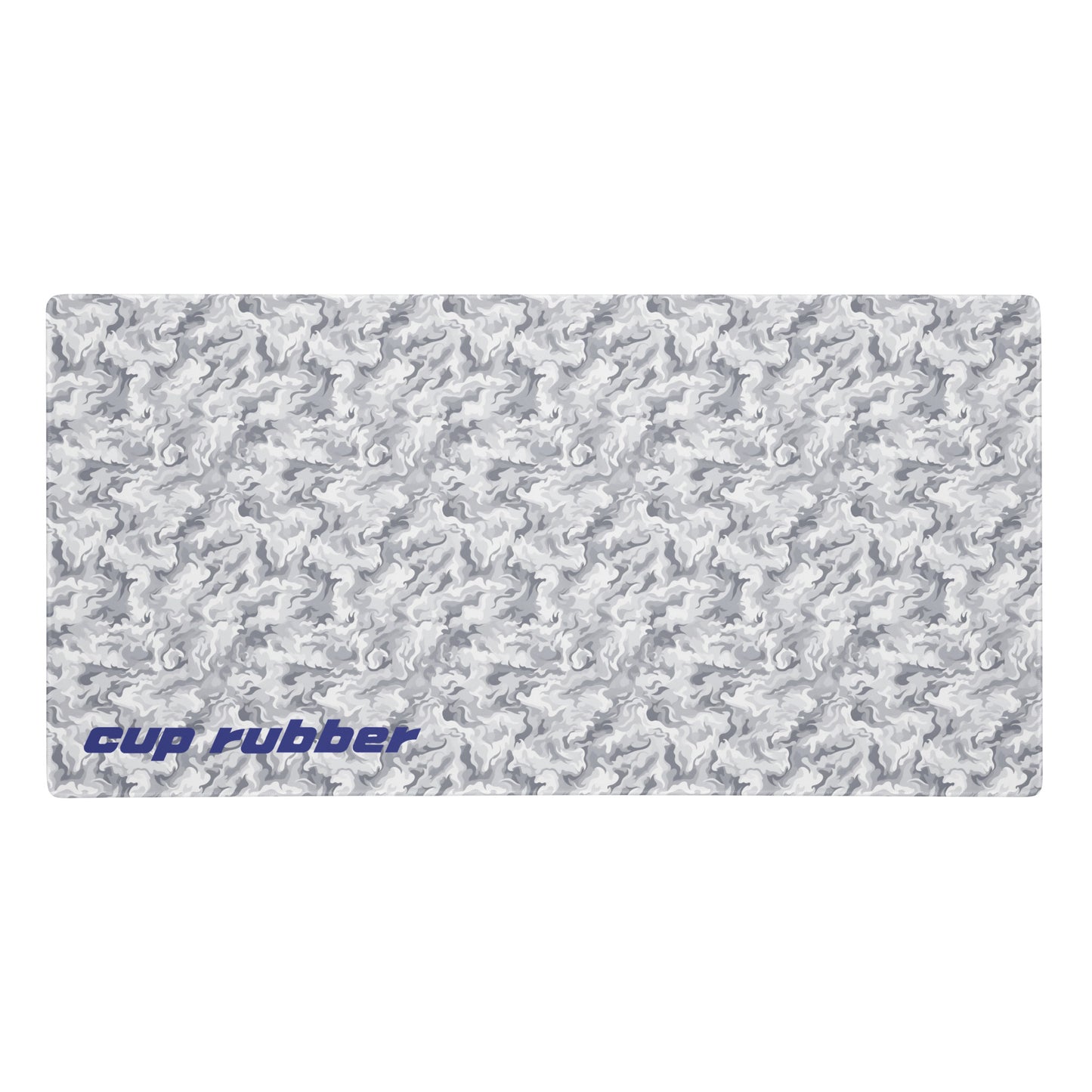 A 36" x 18" desk pad with a camo pattern and the word "Cup Rubber" on it in the bottom left corner. Beige and White in color.