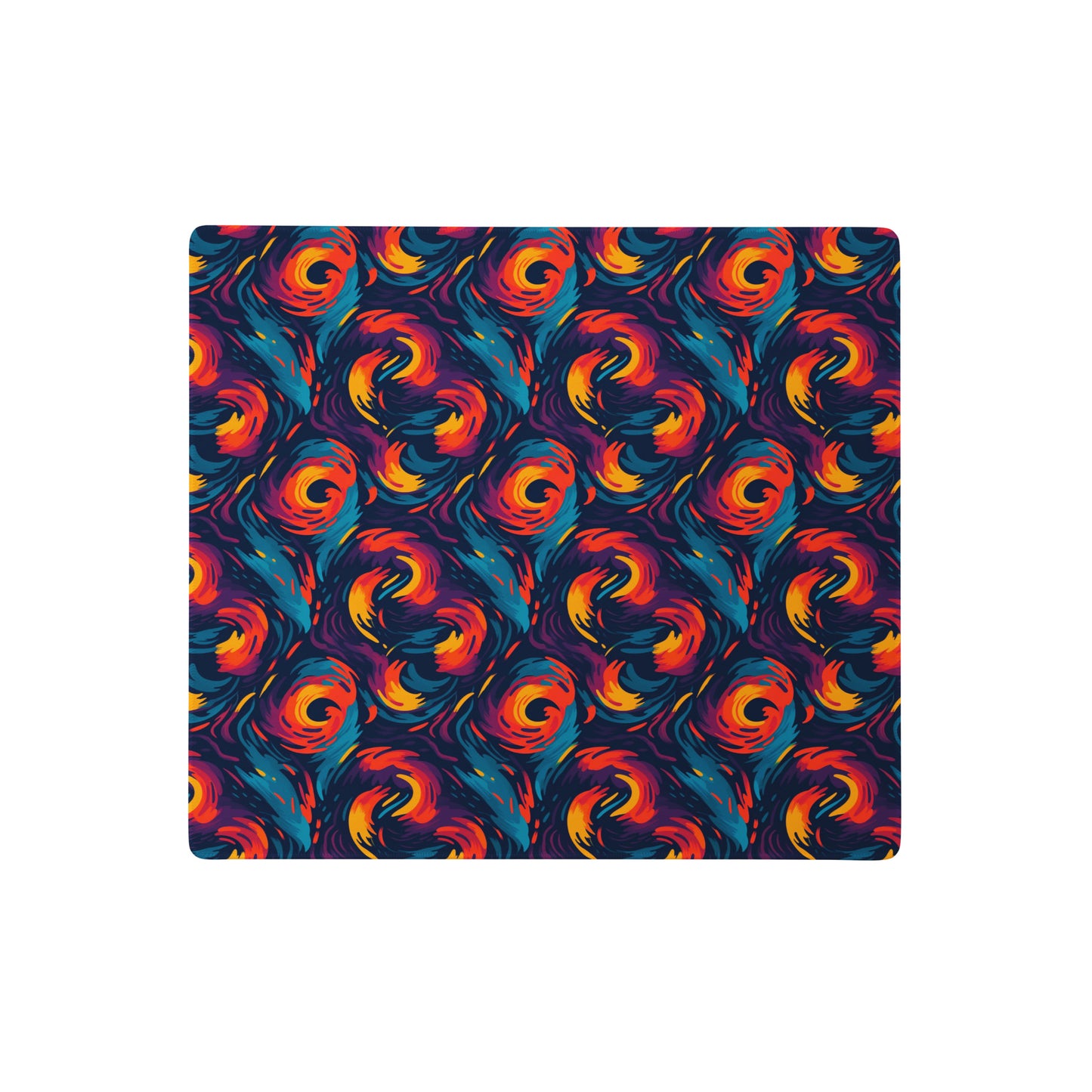 A 18" x 16" desk pad with fiery swirls on it. Red and Blue in color.