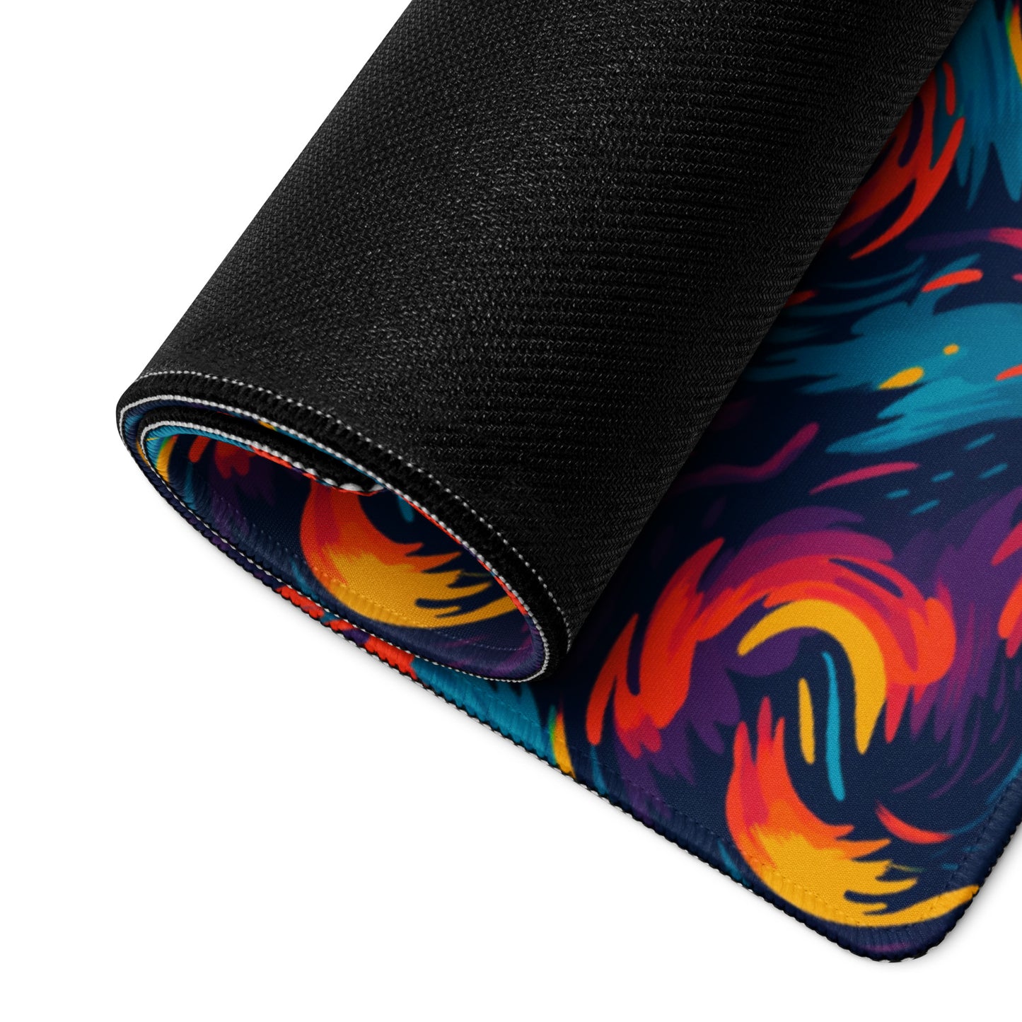 A 36" x 18" desk pad with fiery swirls on it rolled up. Red and Blue in color.