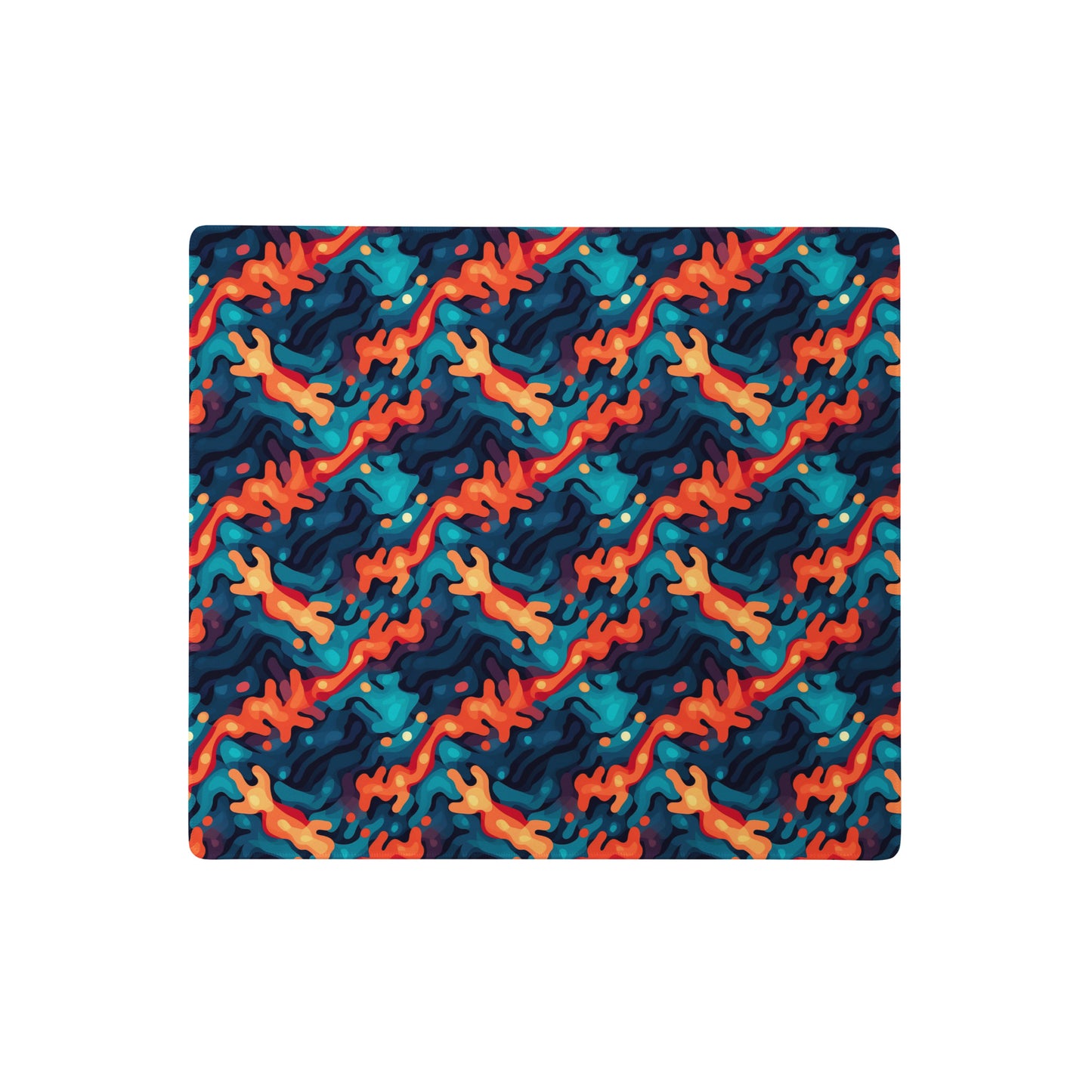 A 18" x 16" desk pad with a wavy woven pattern on it. Red and Blue in color.