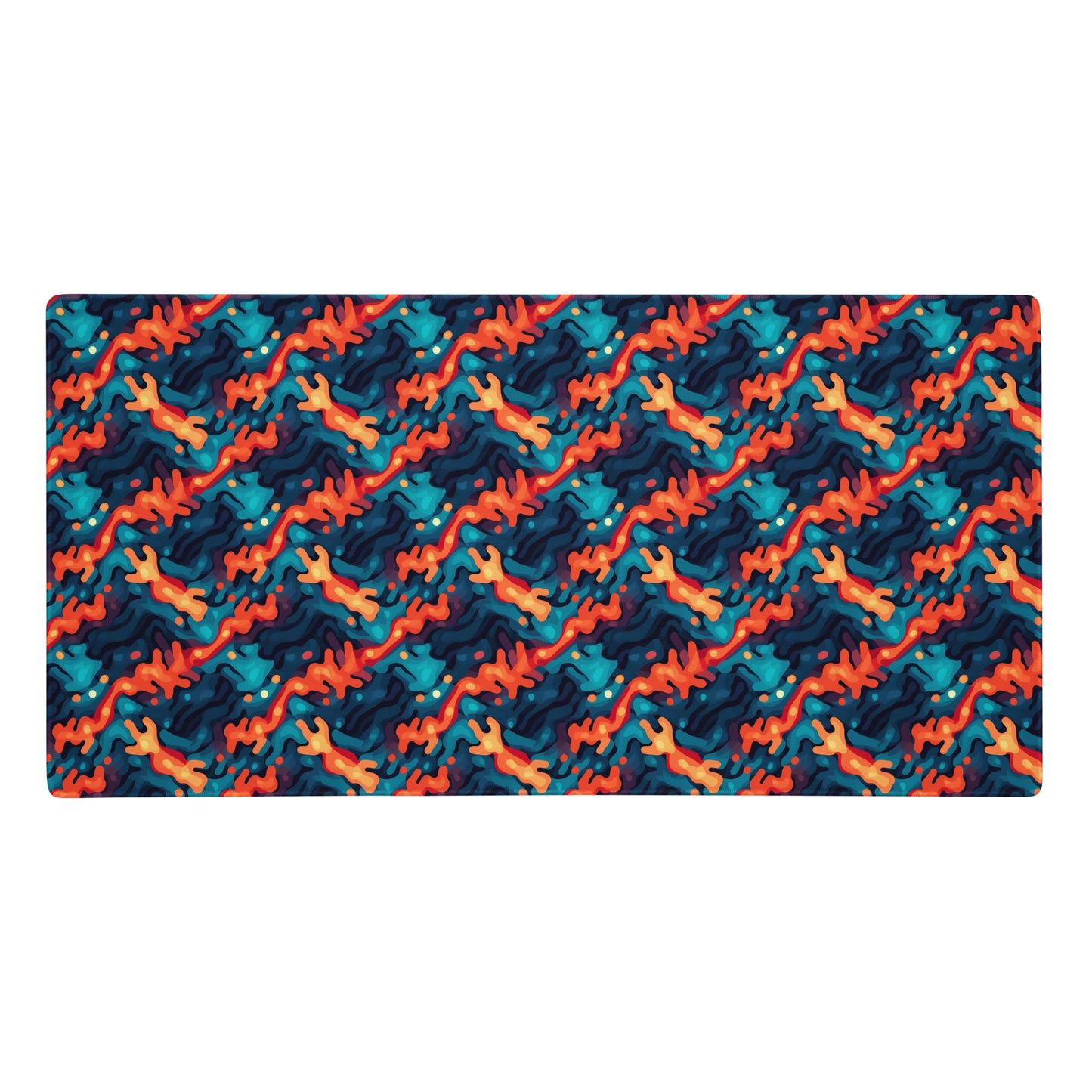 A 36" x 18" desk pad with a wavy woven pattern on it. Red and Blue in color.