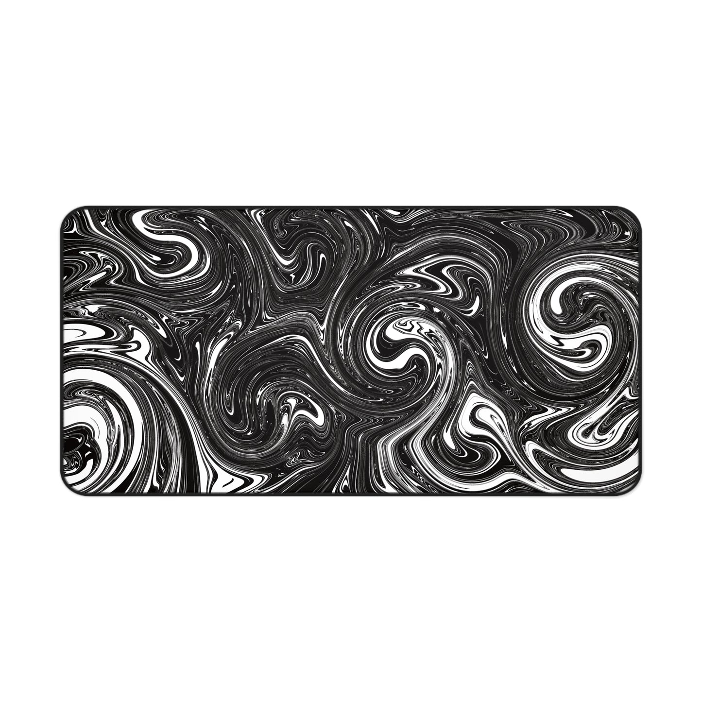 A 31" x 15.5" desk mat with black and white swirls.