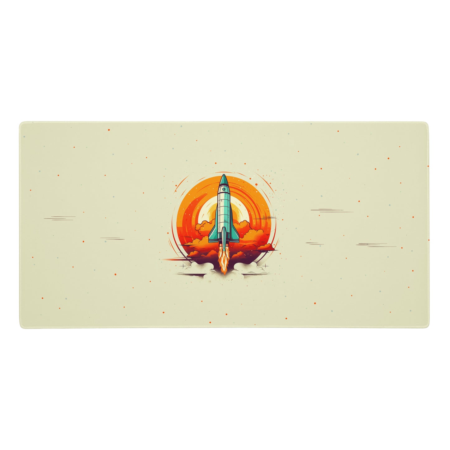 A 36" x 18" desk pad with a space shuttle blasting off. Beige in color.