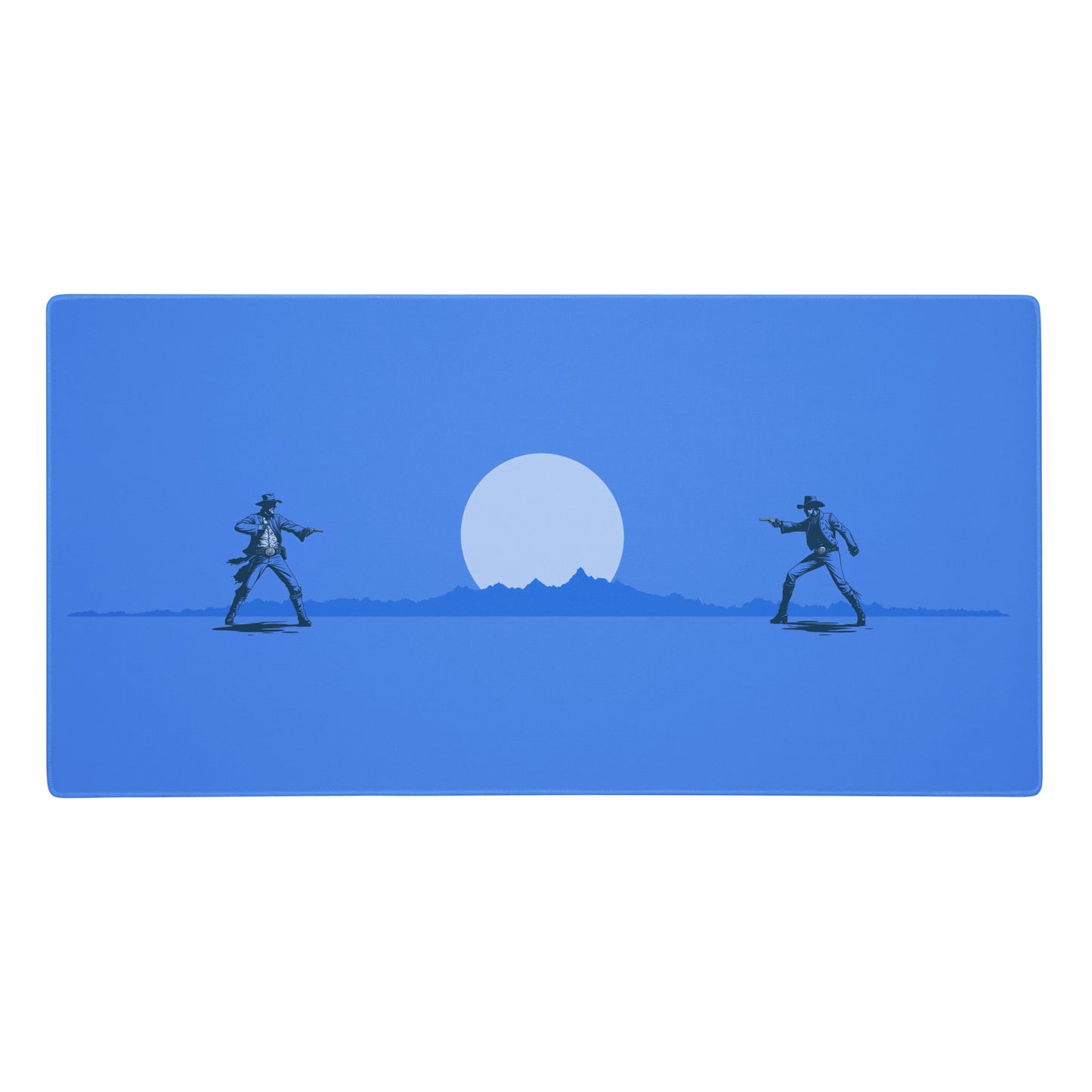 A blue 36" x 18" desk pad with two cowboys dueling.