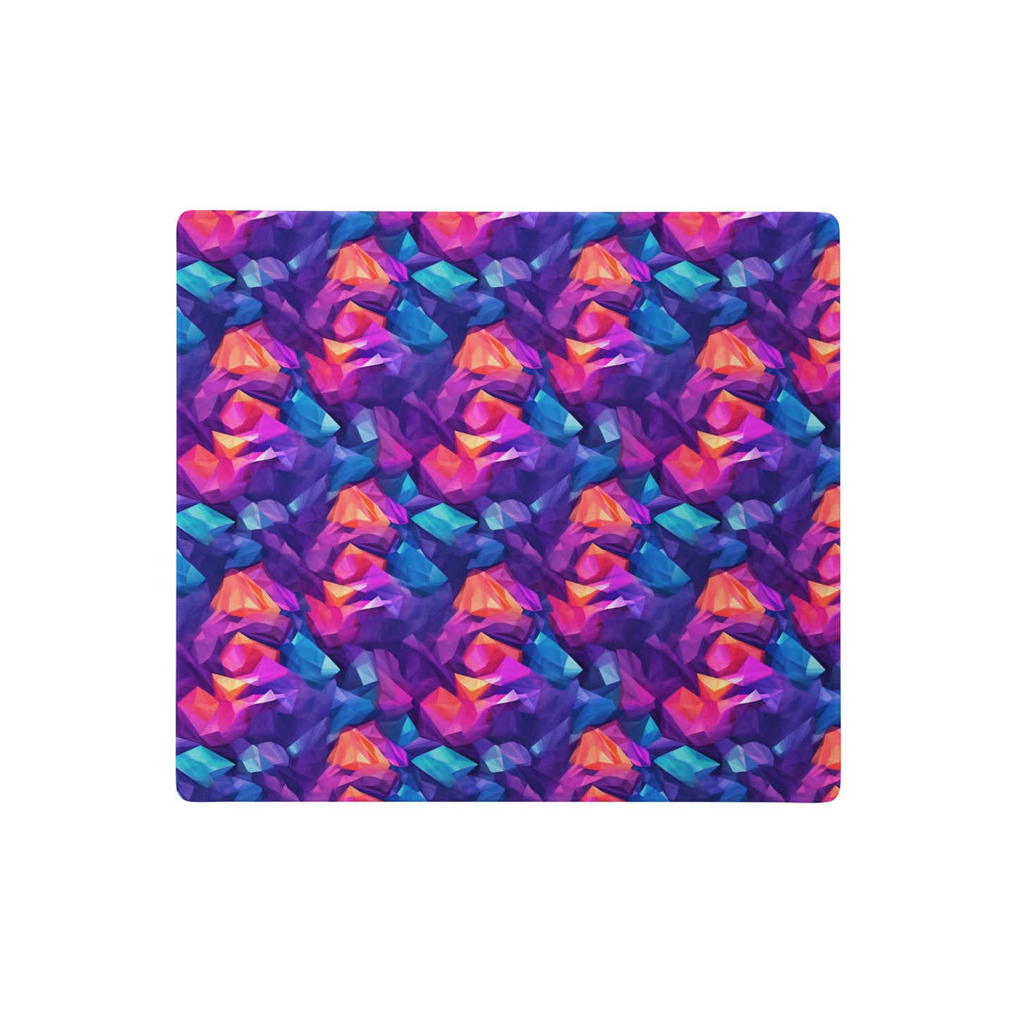 An 18" x 16" gaming desk pad with blue, purple, and orange crystals.