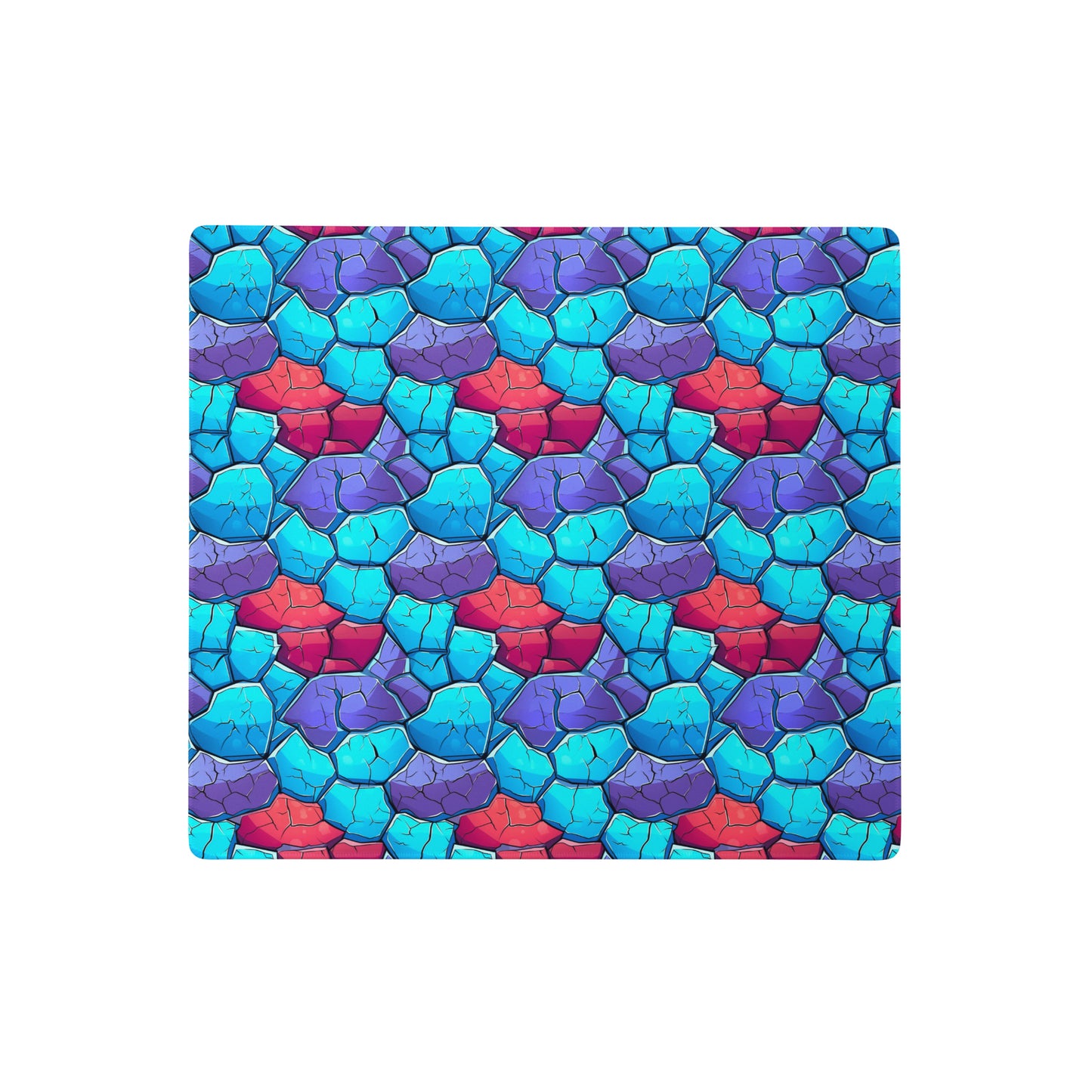 An 18" x 16" gaming desk pad with blue, red, and purple crystals.