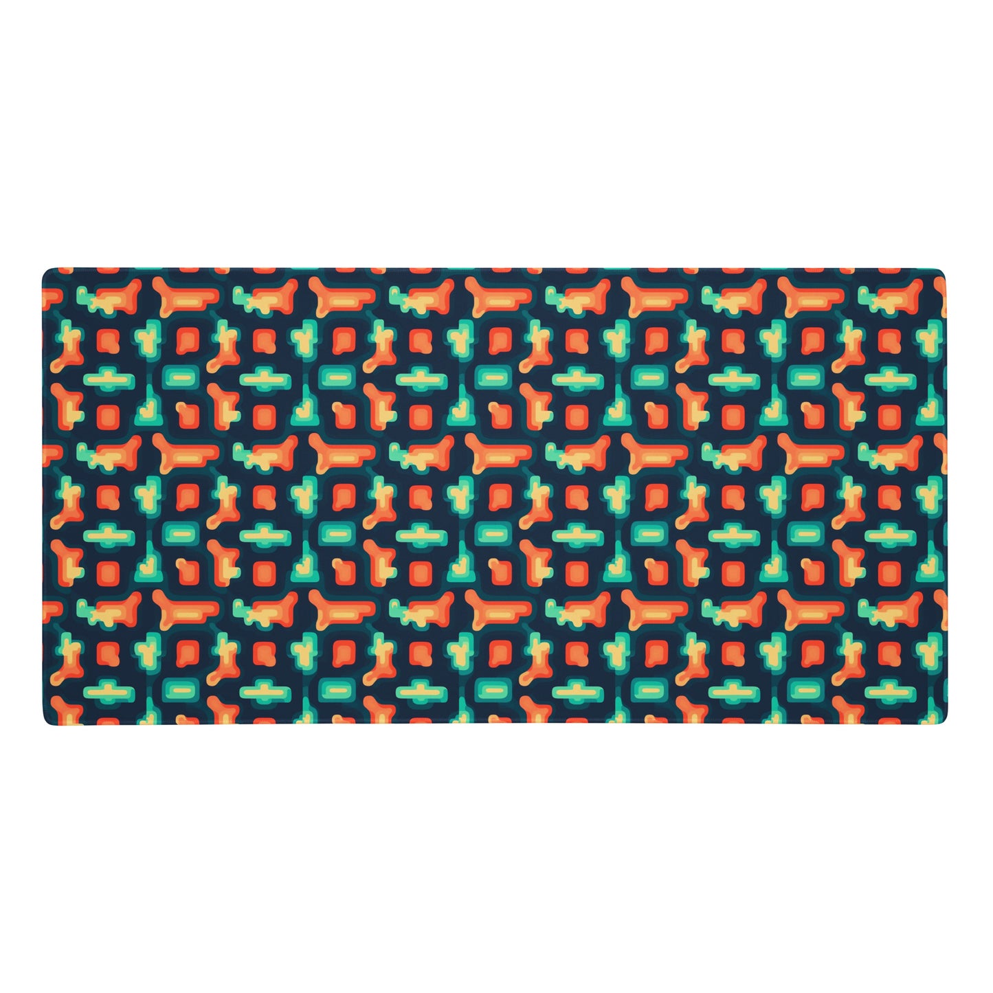A 36" x 18" gaming desk pad with blue and orange puzzle pieces on a dark blue background.