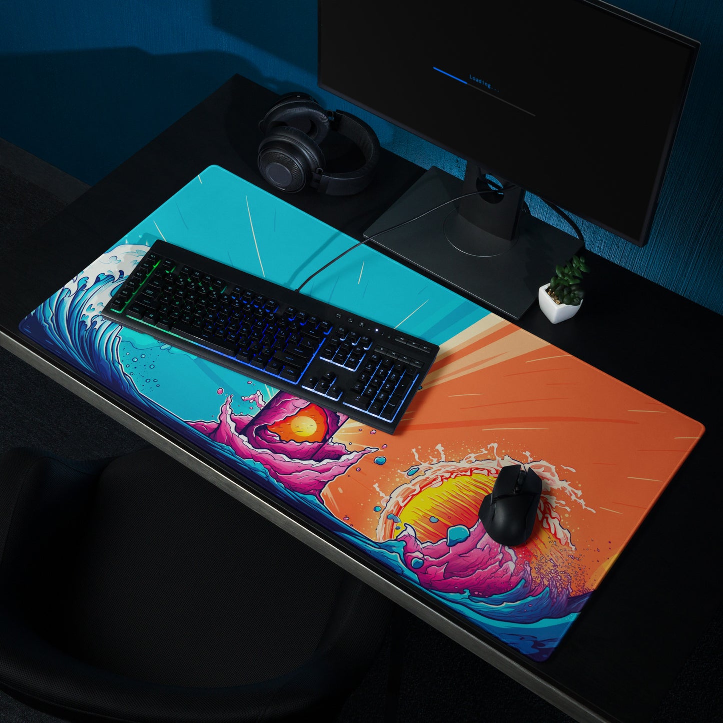 A 36" x 18" blue and orange desk pad with a soda can in the middle sitting on a desk.