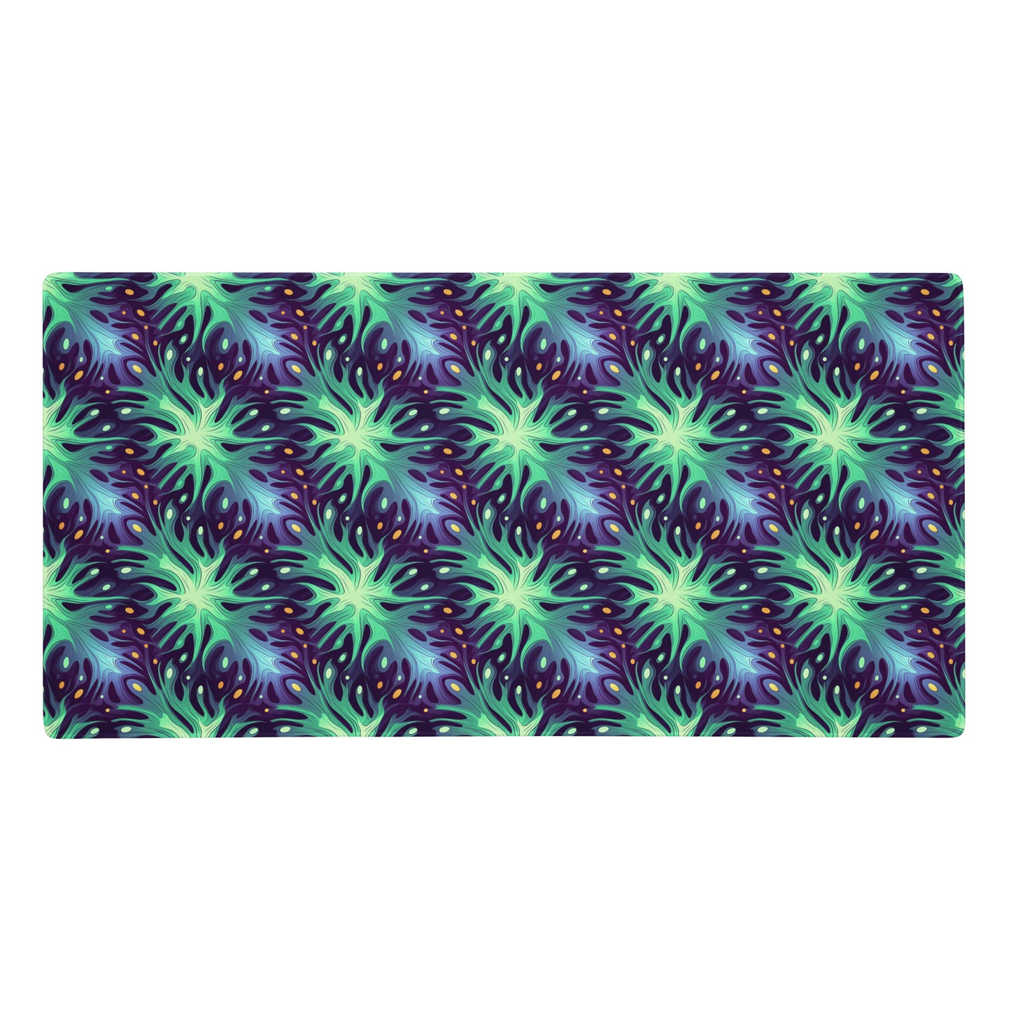 A 36" x 18" desk pad with a green and blue abstract pattern.