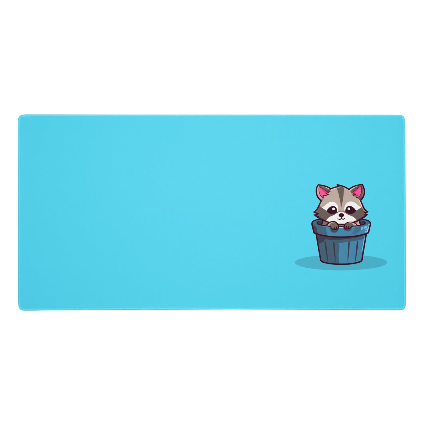 A gaming desk pad with a kawaii raccoon in a garbage can on a blue background.
