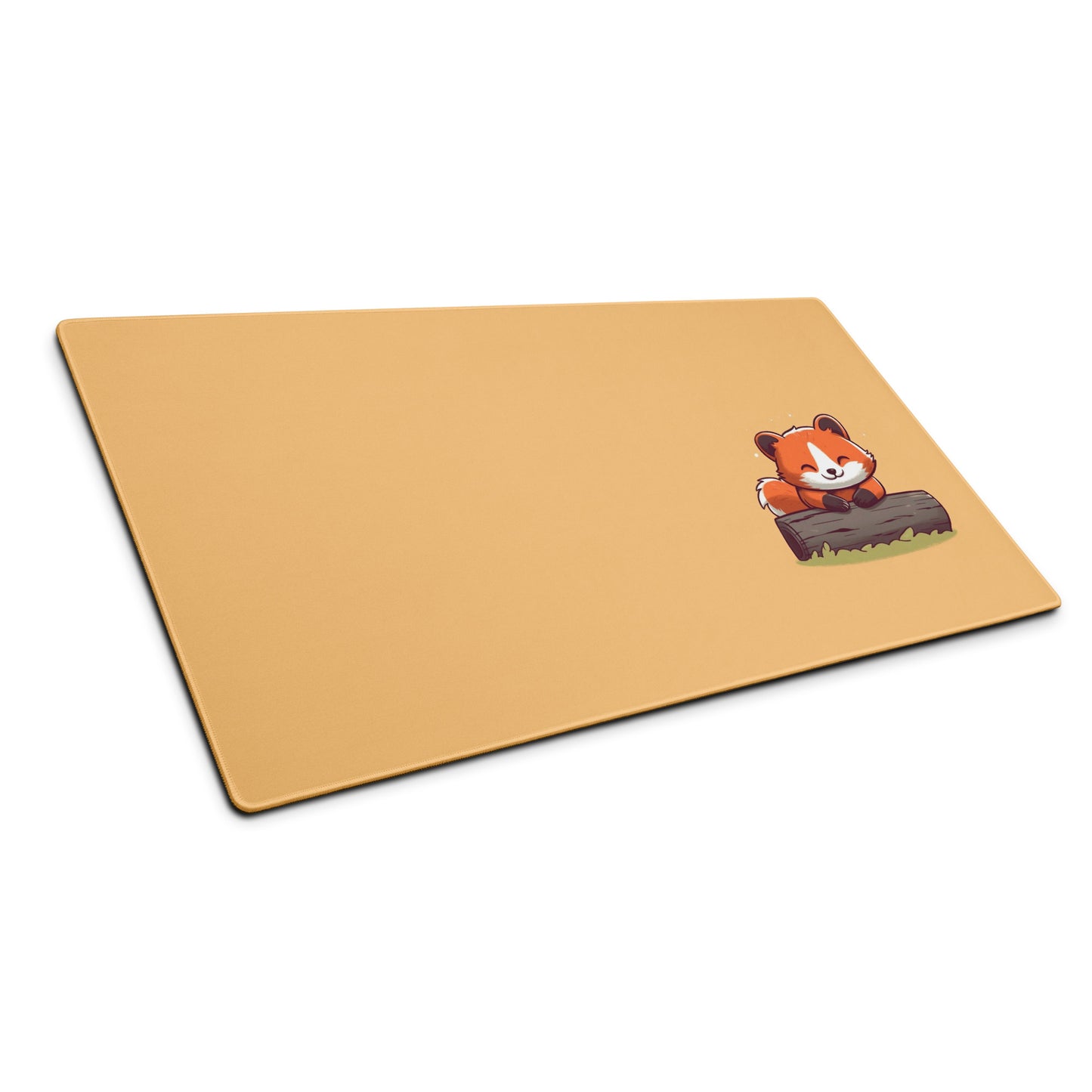 A gaming desk pad with a kawaii red panda smiling and leaning on a log. The background of the desk mat is orange. The desk mat sits at an angle.