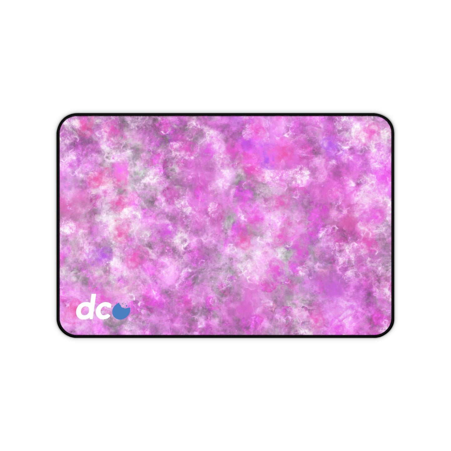 A 12" x 18" desk mat with a fluffy mix of pink, white, and gray.