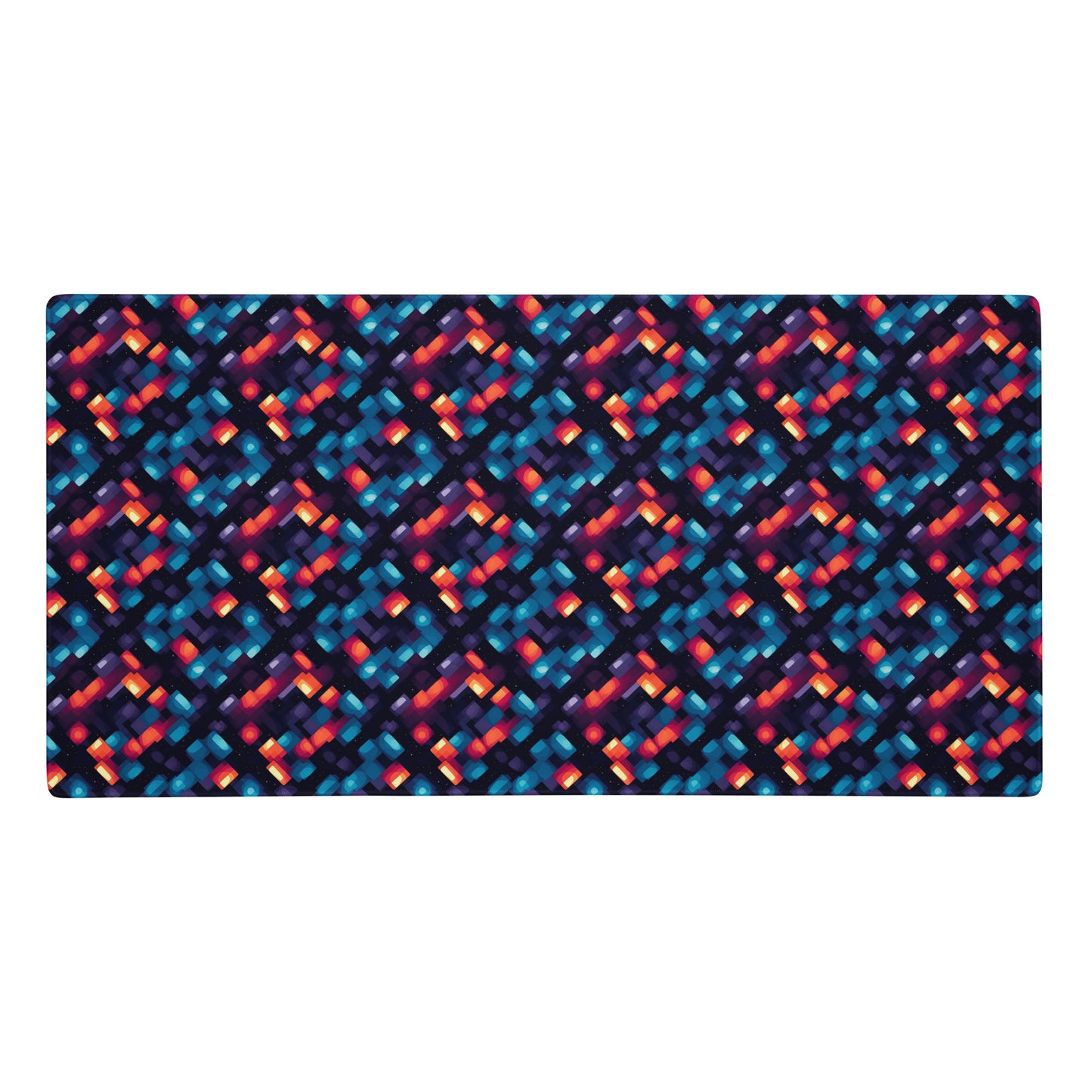 alt text- A 36" x 18" desk pad with blue and orange abstract pattern.