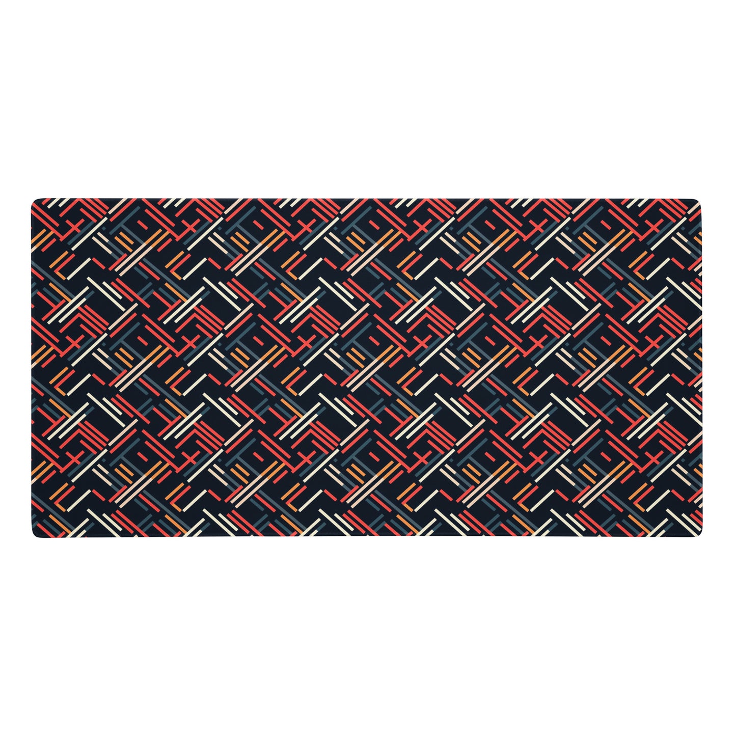 A 36" x 18" gaming desk pad with red, blue, white, and orange lines on a black background.