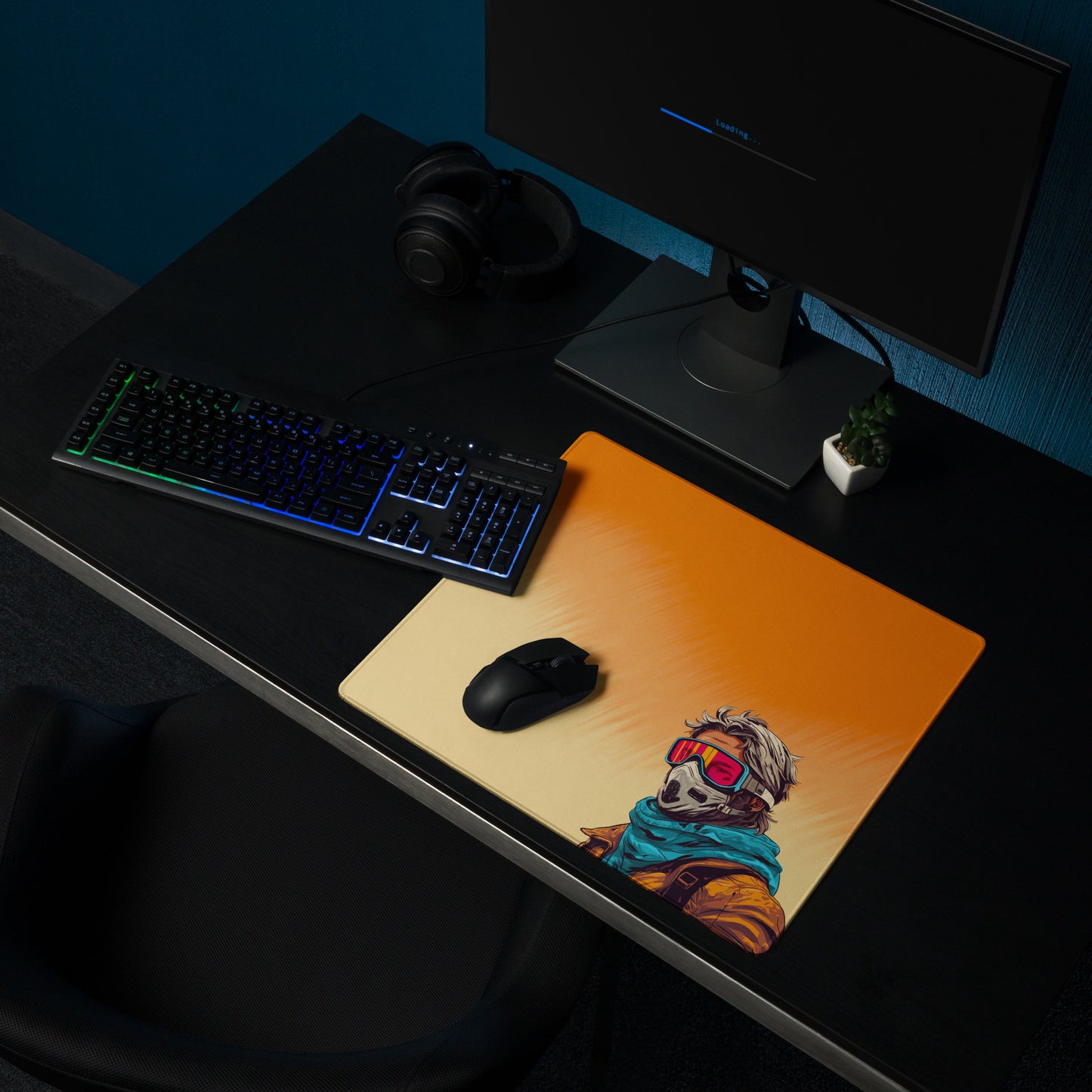 A 18" x 16" desk pad with a man standing in a sandstorm sitting on a desk.