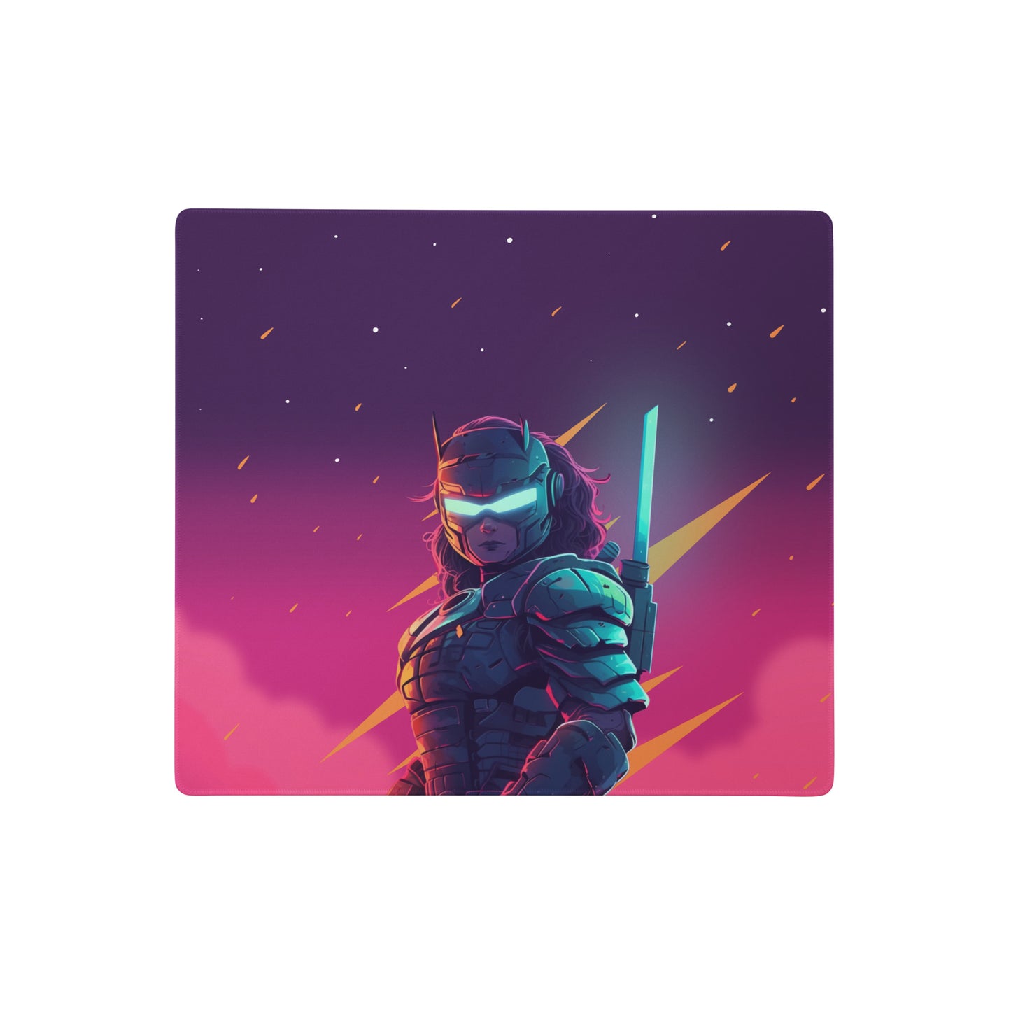 A 18" x 16" pink and purple desk pad with a futuristic samurai.