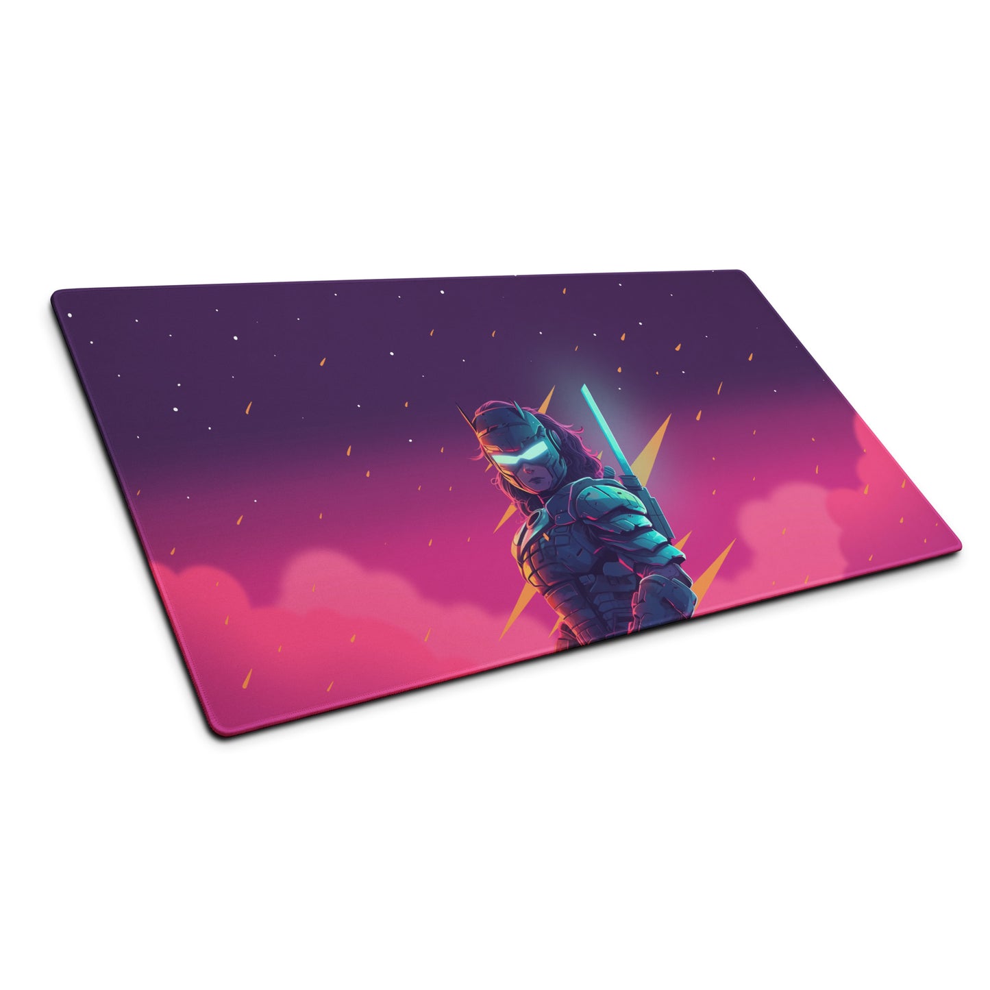 A 36" x 18" pink and purple desk pad with a futuristic samurai sitting at an angle.