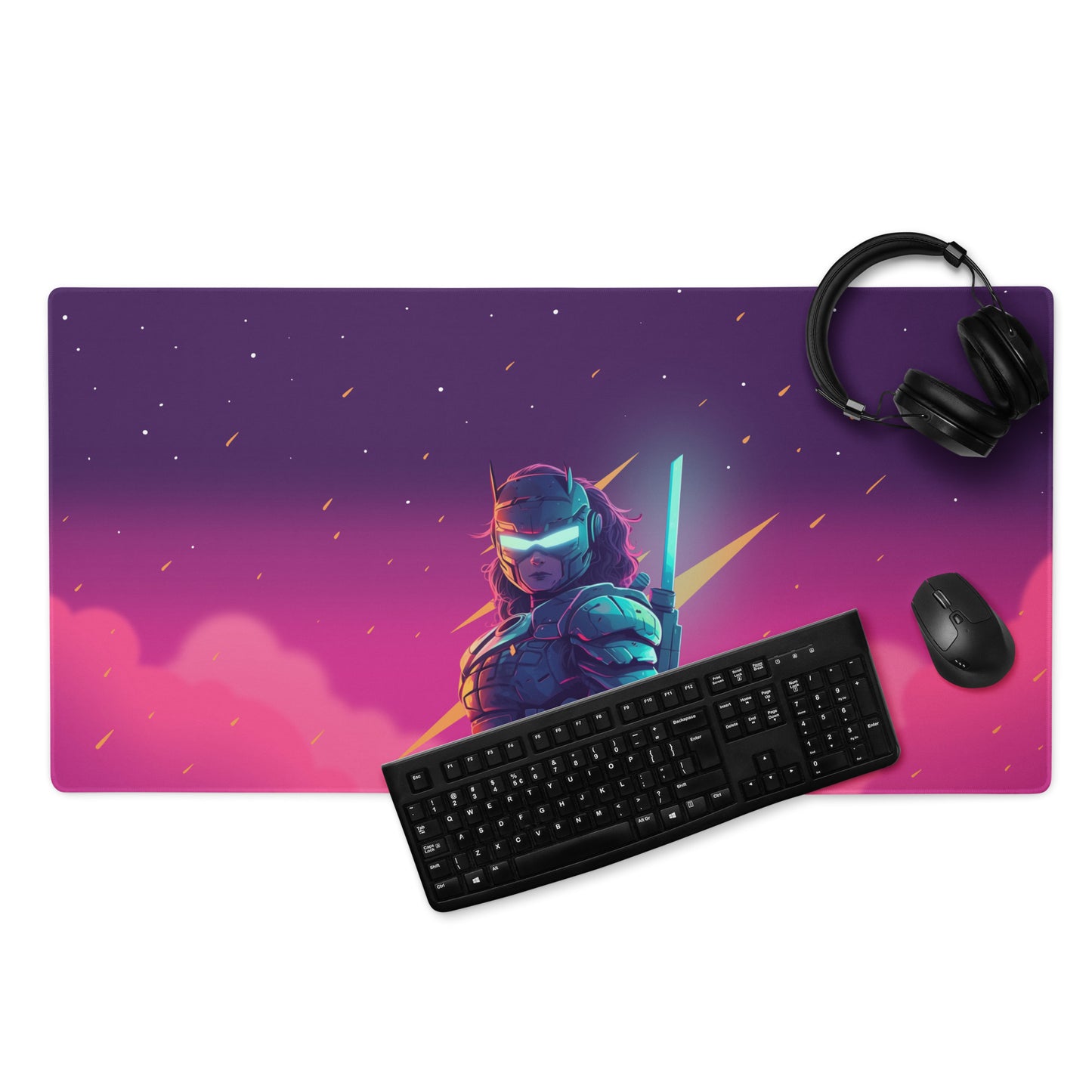 A 36" x 18" pink and purple desk pad with a futuristic samurai. With a keyboard, mouse, and headphones sitting on it.