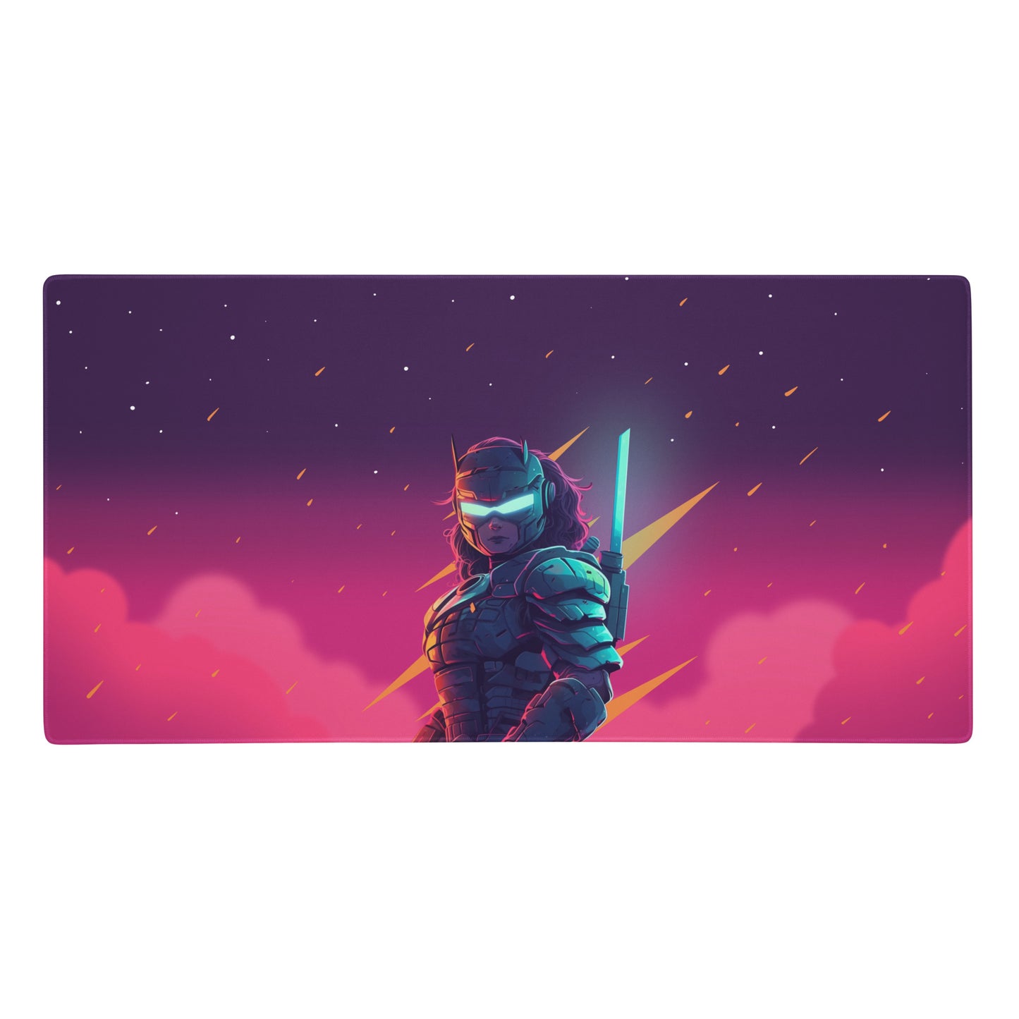 A 36" x 18" pink and purple desk pad with a futuristic samurai.