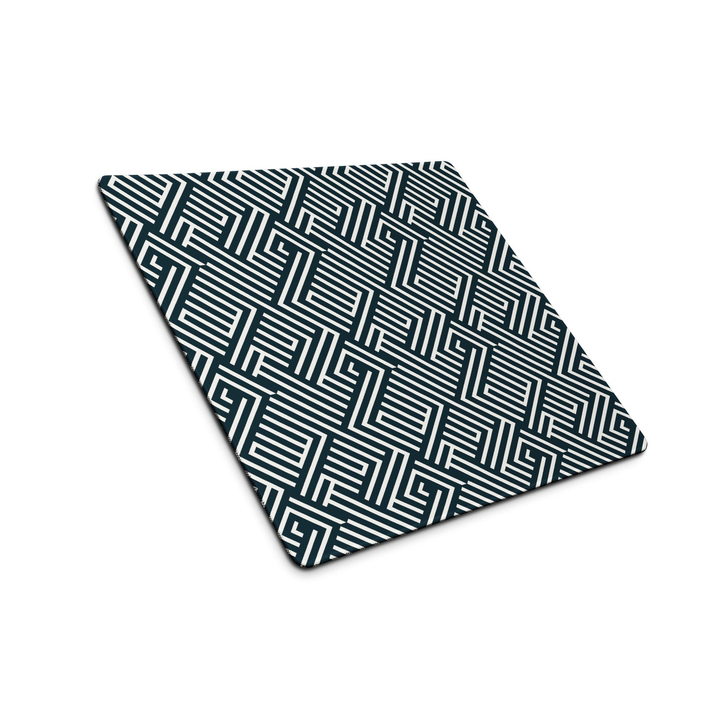 An 18" x 16" gaming desk pad with white lines on a black background sitting at an angle.