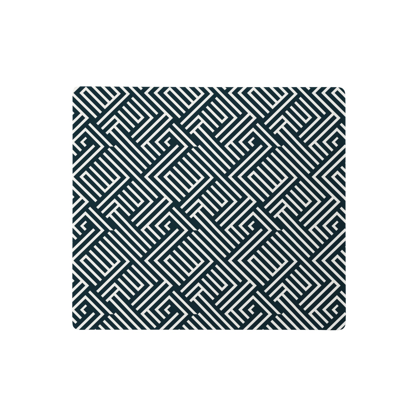 An 18" x 16" gaming desk pad with white lines on a black background.