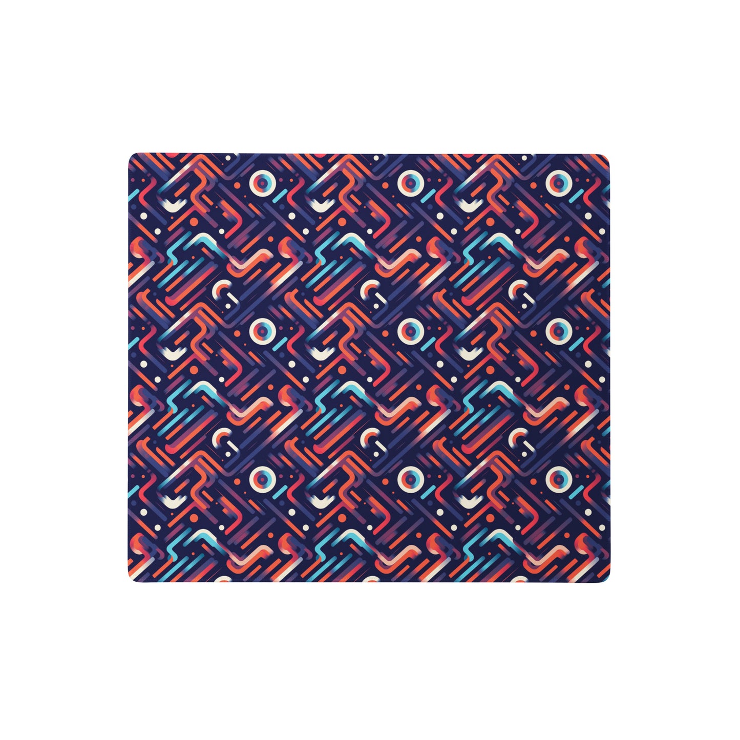 An 18" x 16" gaming desk pad with blue, orange, and purple lines on a dark blue background.