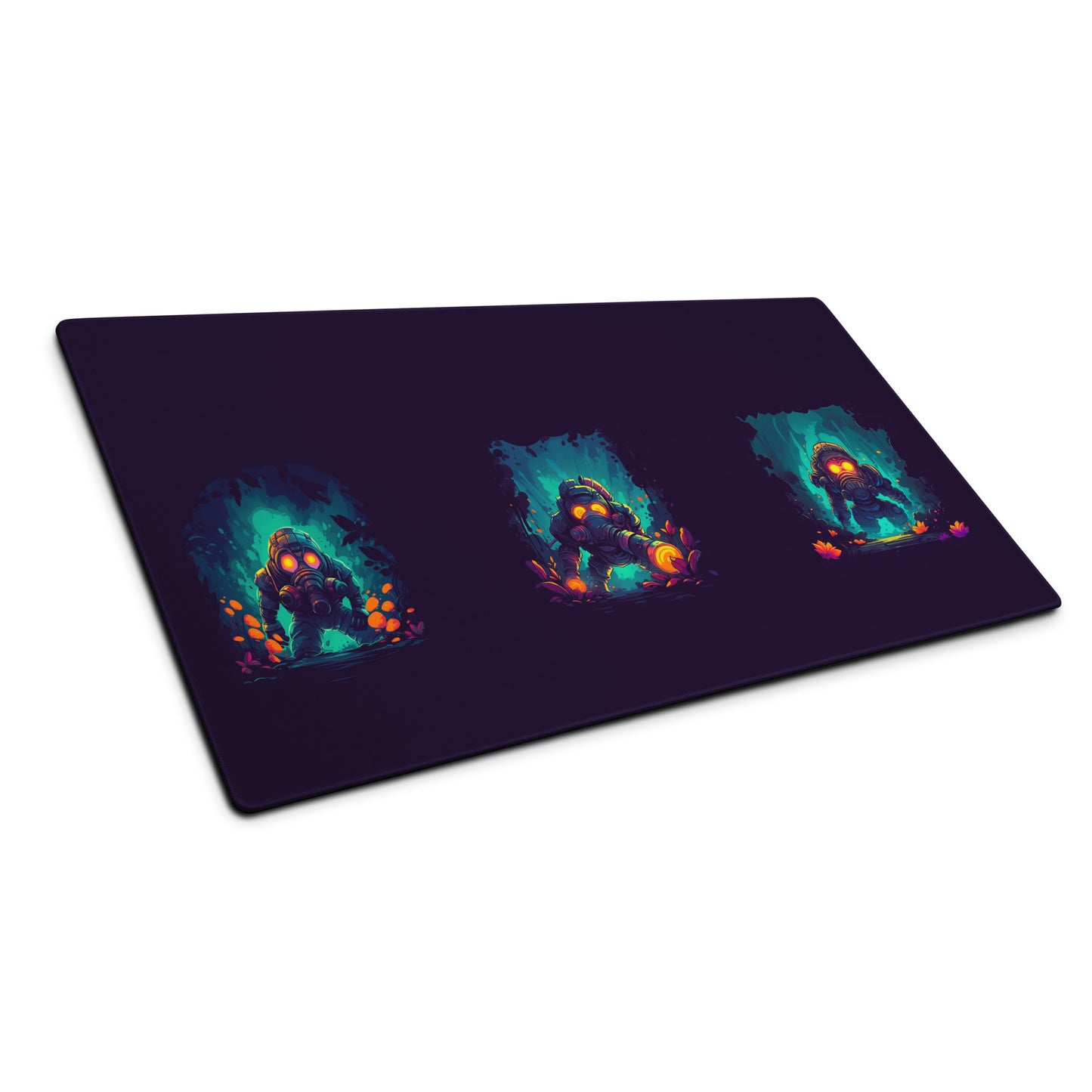 A 36" x 18" purple desk pad with three people with gas masks in a forest sitting at an angle.