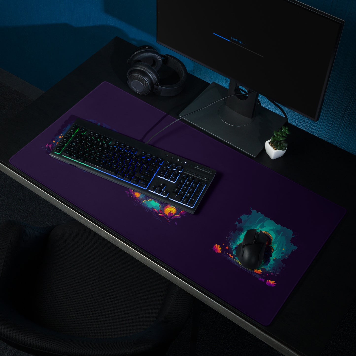 A 36" x 18" purple desk pad with three people with gas masks in a forest sitting on a desk.