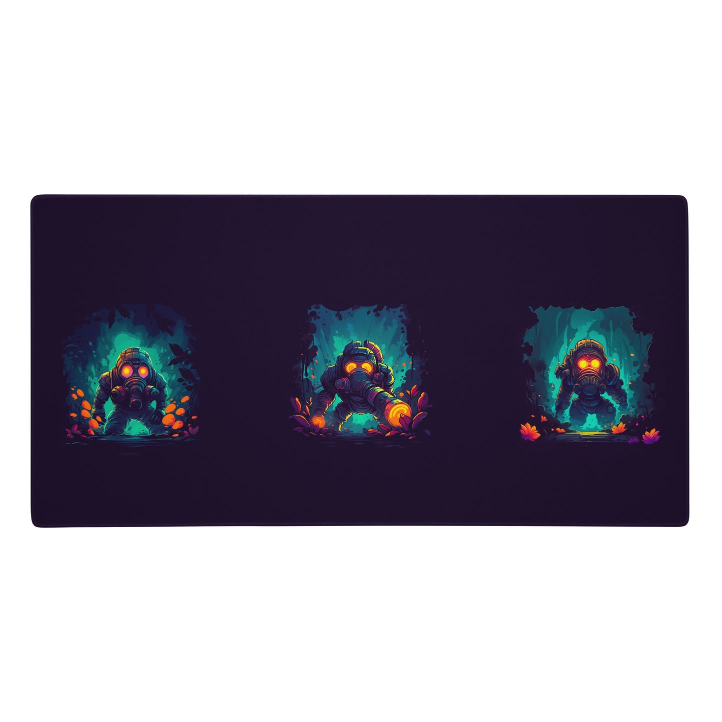 A 36" x 18" purple desk pad with three people with gas masks in a forest.